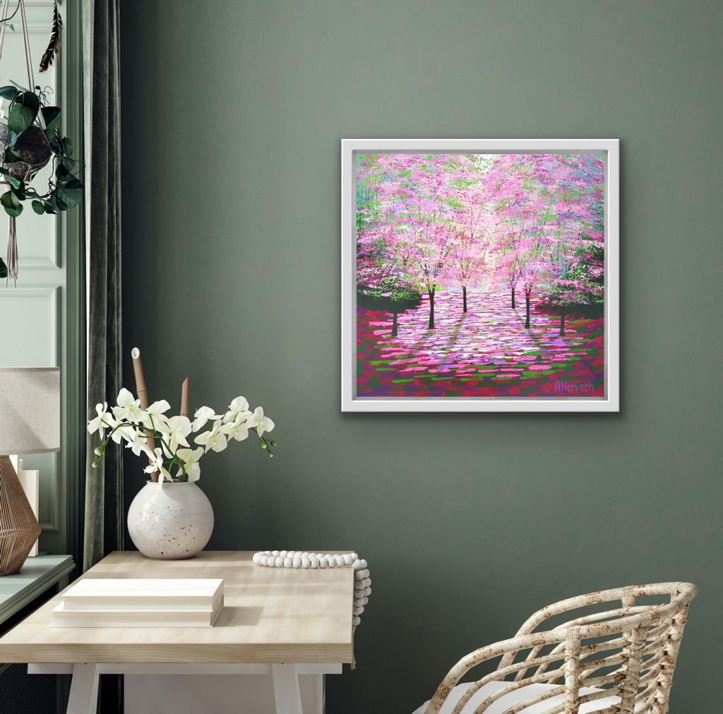 Pink Blossom Shimmer, Contemporary Woodland Painting, Pink and Green Forest Art - Gray Abstract Painting by Amanda Hovarth