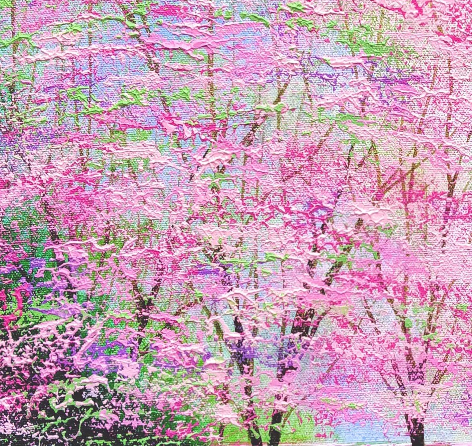 Pink Blossom Shimmer, Contemporary Woodland Painting, Pink and Green Forest Art For Sale 4
