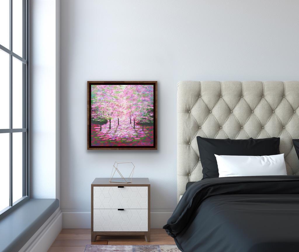 Pink Blossom Shimmer, Contemporary Woodland Painting, Pink and Green Forest Art For Sale 5