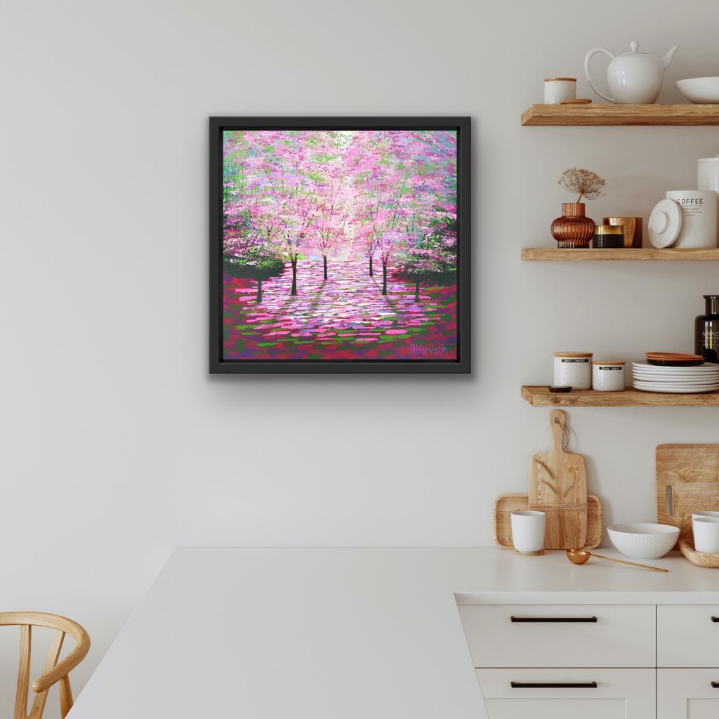 Pink Blossom Shimmer, Contemporary Woodland Painting, Pink and Green Forest Art For Sale 6