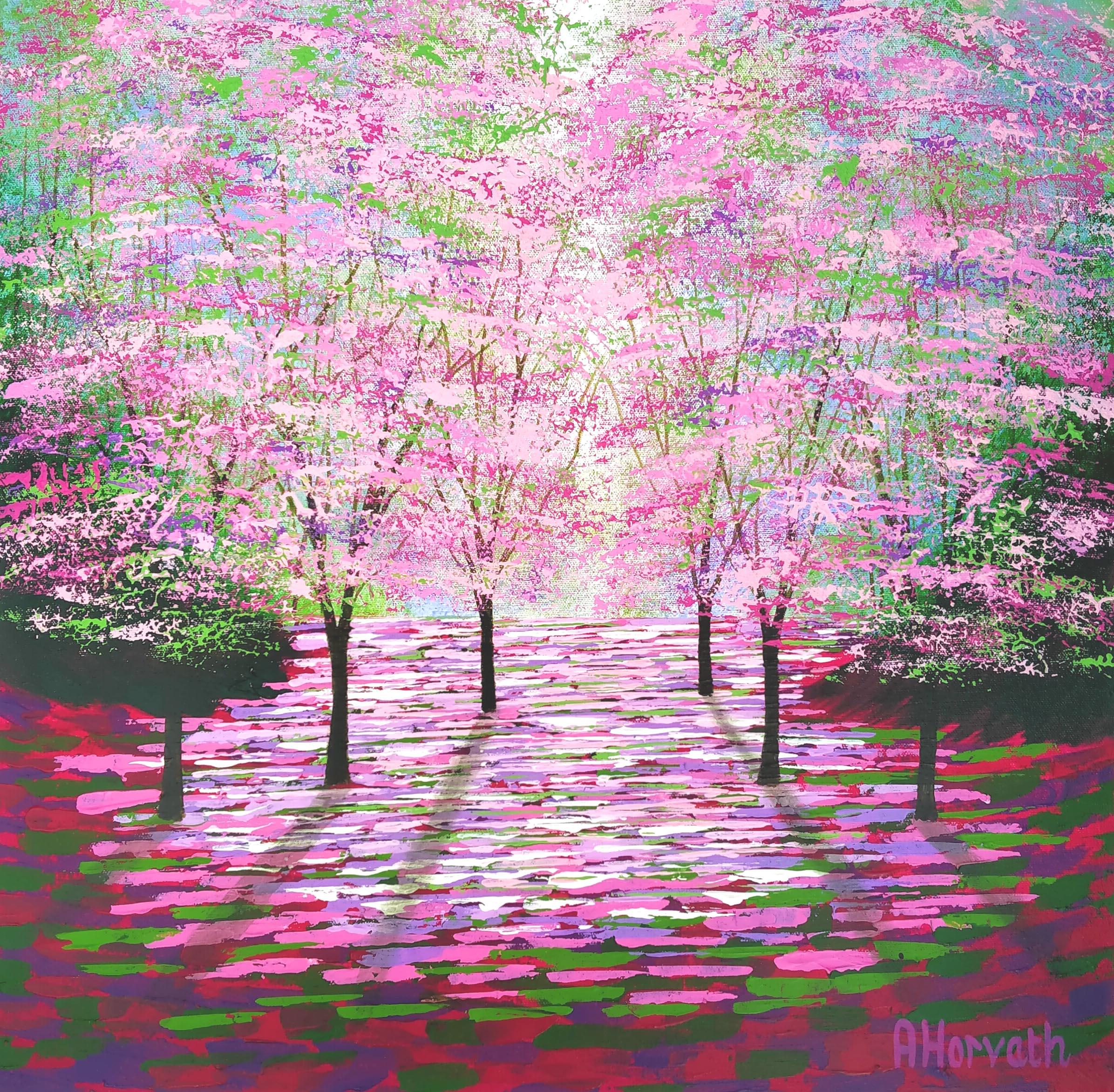 Amanda Hovarth Abstract Painting - Pink Blossom Shimmer, Contemporary Woodland Painting, Pink and Green Forest Art