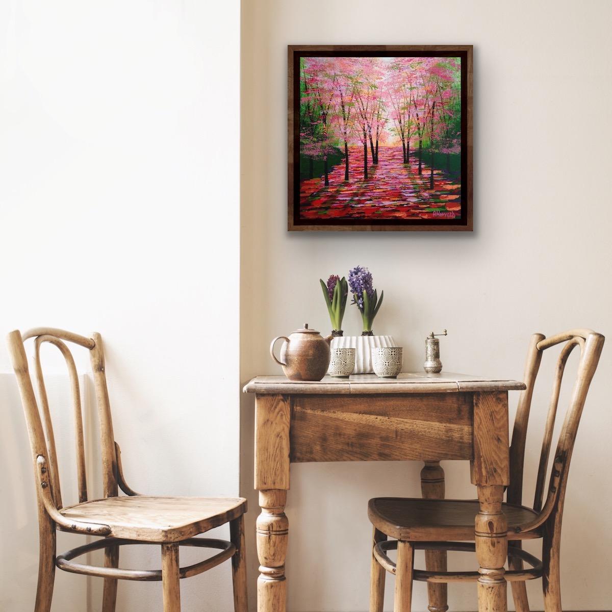 Sol en ámbar, Pintura contemporánea sobre árboles, Paisaje luminoso, Arte del bosque - Painting de Amanda Hovarth