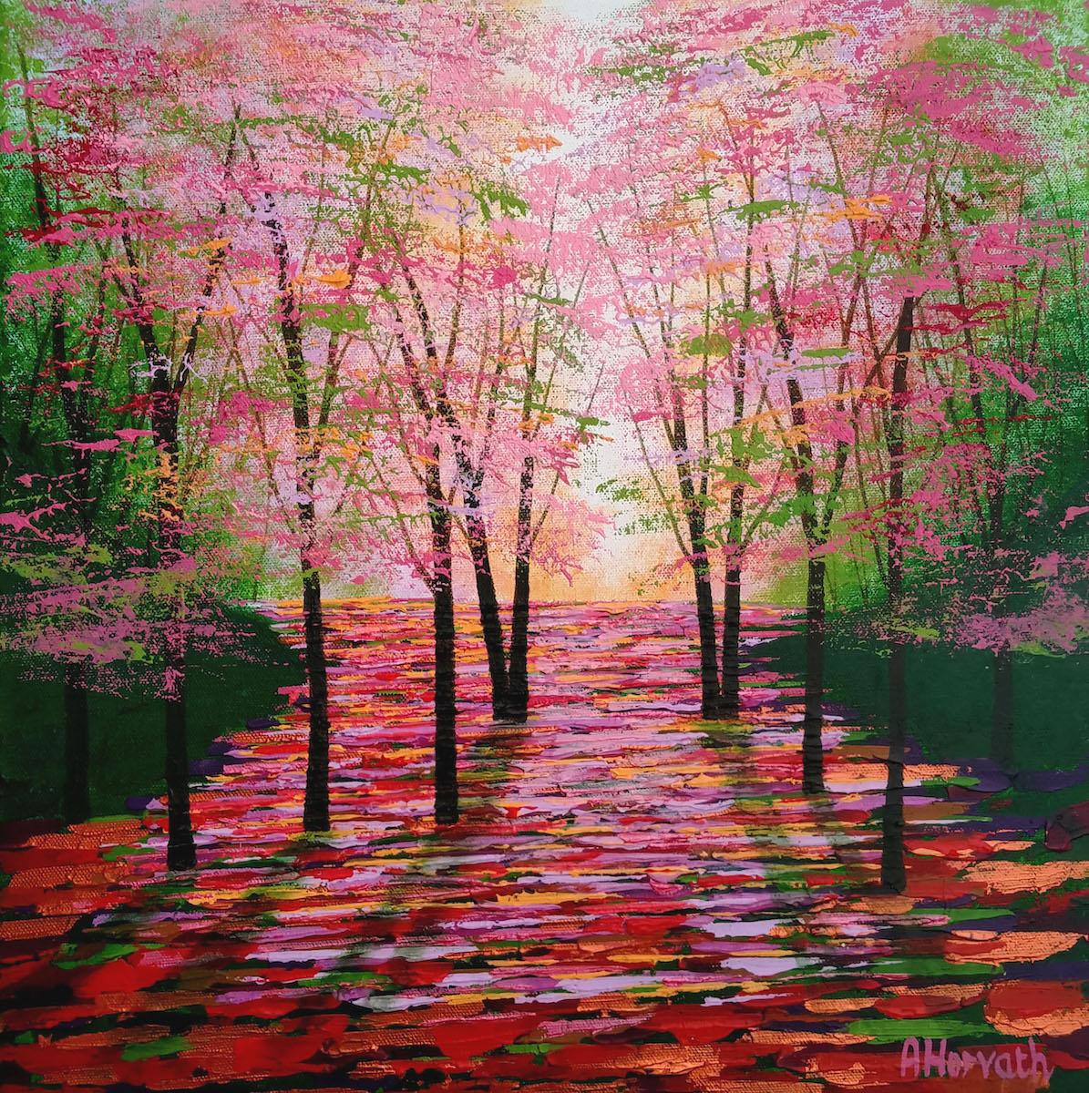 Amanda Hovarth Still-Life Painting - Sunshine in Amber, Contemporary Tree Painting, Bright Landscape, Woodland Art