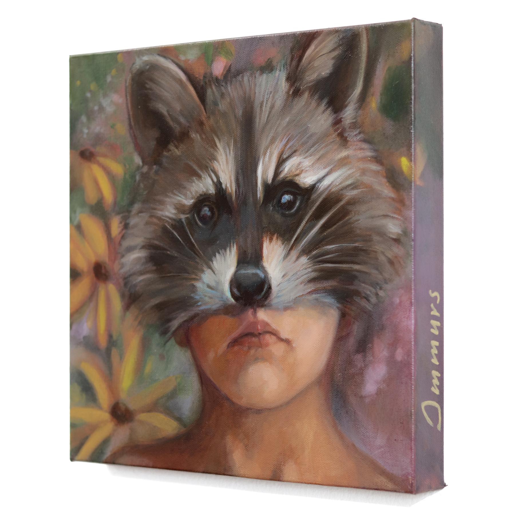 Longing to Belong - Figurative Surrealist Quirky Raccoon Portrait Oil Painting For Sale 1