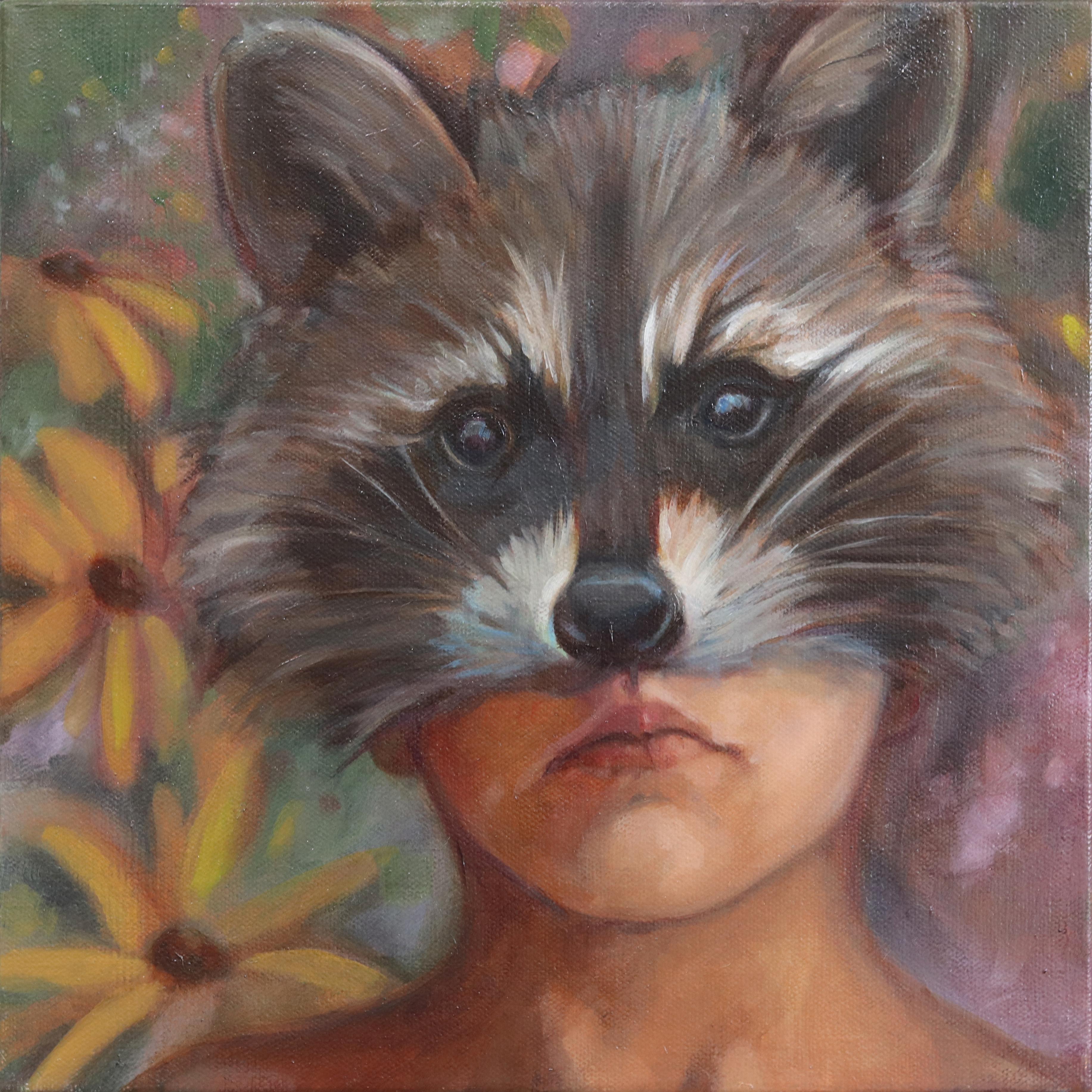 Amanda Immurs Abstract Painting - Longing to Belong - Figurative Surrealist Quirky Raccoon Portrait Oil Painting