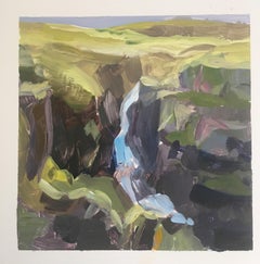 BLUE WATERFALL - Landscape Valley Painting  Acrylic on Yupo Paper  Earthtones