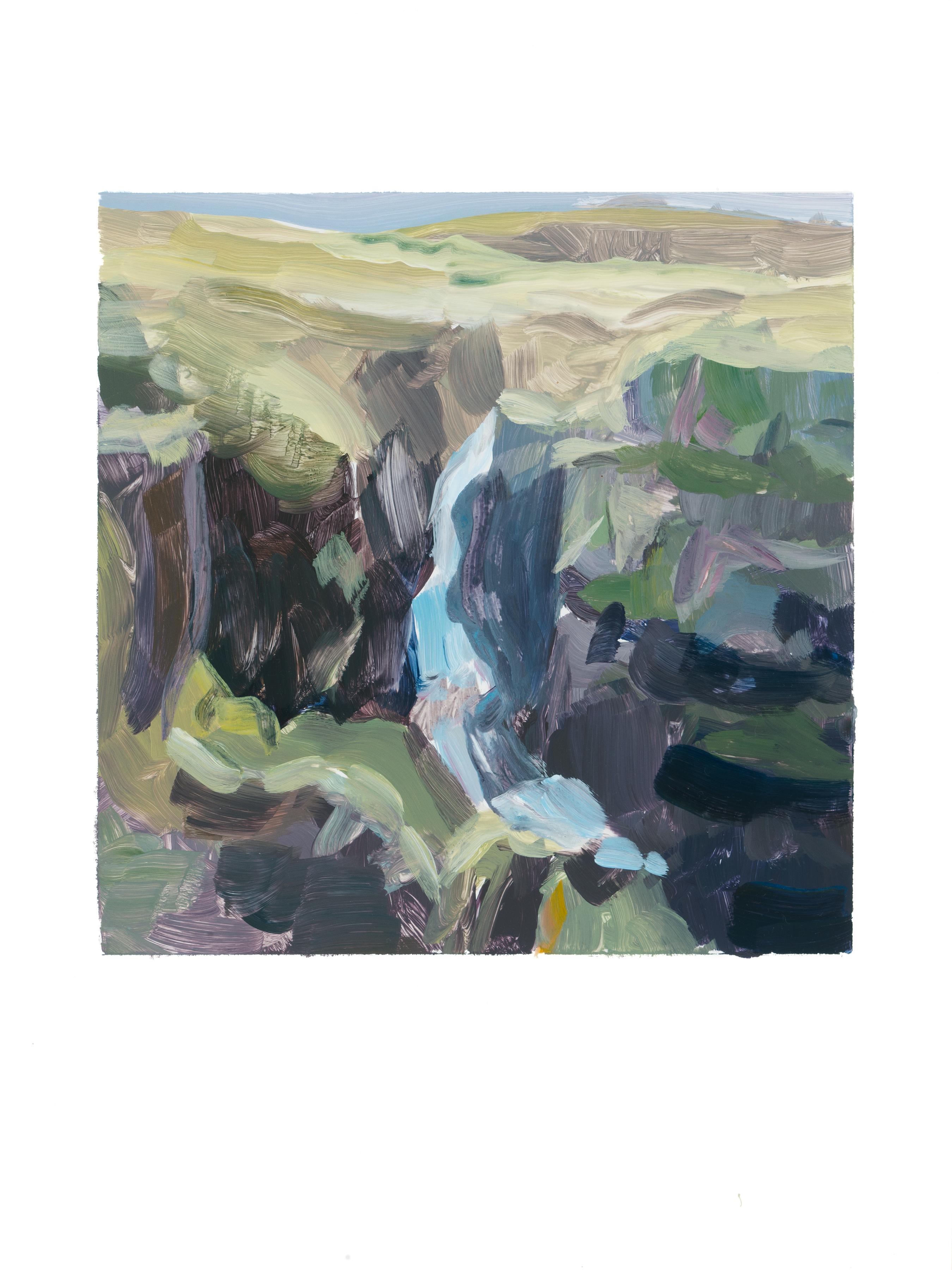 Amanda Joy Brown Landscape Painting - BLUE WATERFALL - Landscape Valley Painting  Acrylic on Yupo Paper  Earthtones