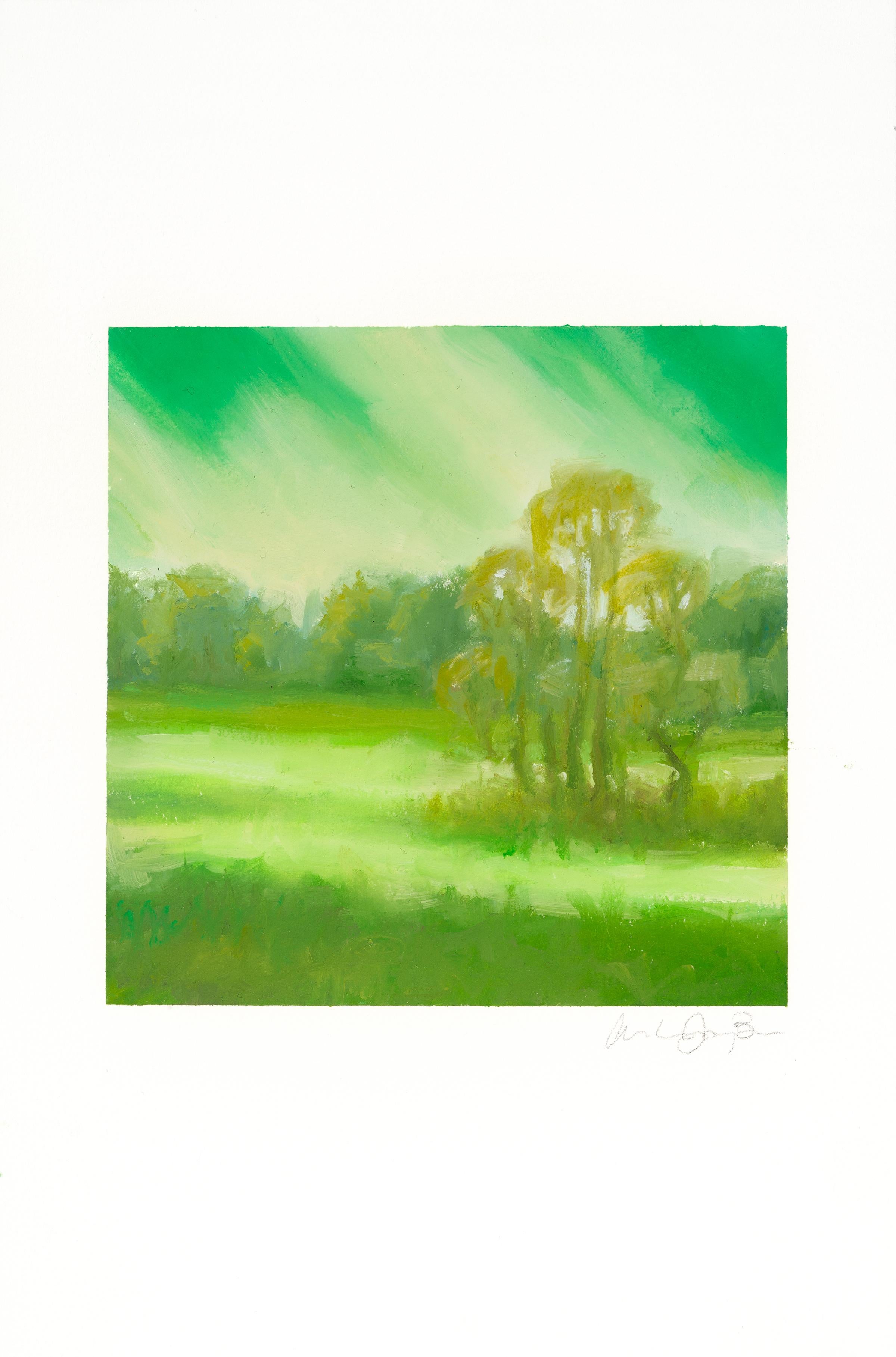 Landscape Painting Amanda Joy Brown - BRODEAUX MEADOW - avec arbre, ciel et terrain  Peinture à l'huile sur papier à l'huile - Arches