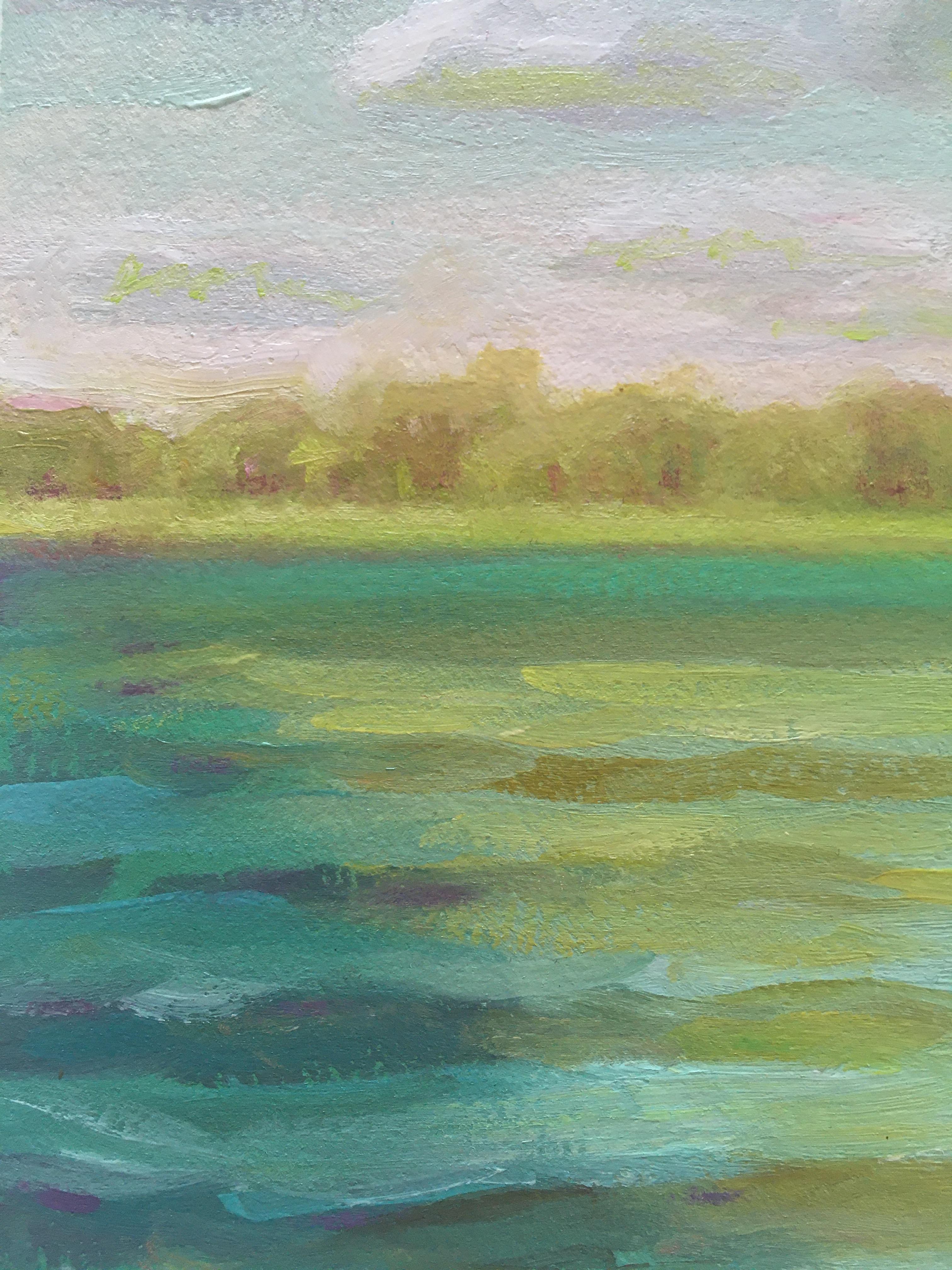 CHOCTAWHATCHEE BAY - Landschaftsgemälde von Ozean, Bäumen und Himmel - Öl auf Bögen (Zeitgenössisch), Painting, von Amanda Joy Brown