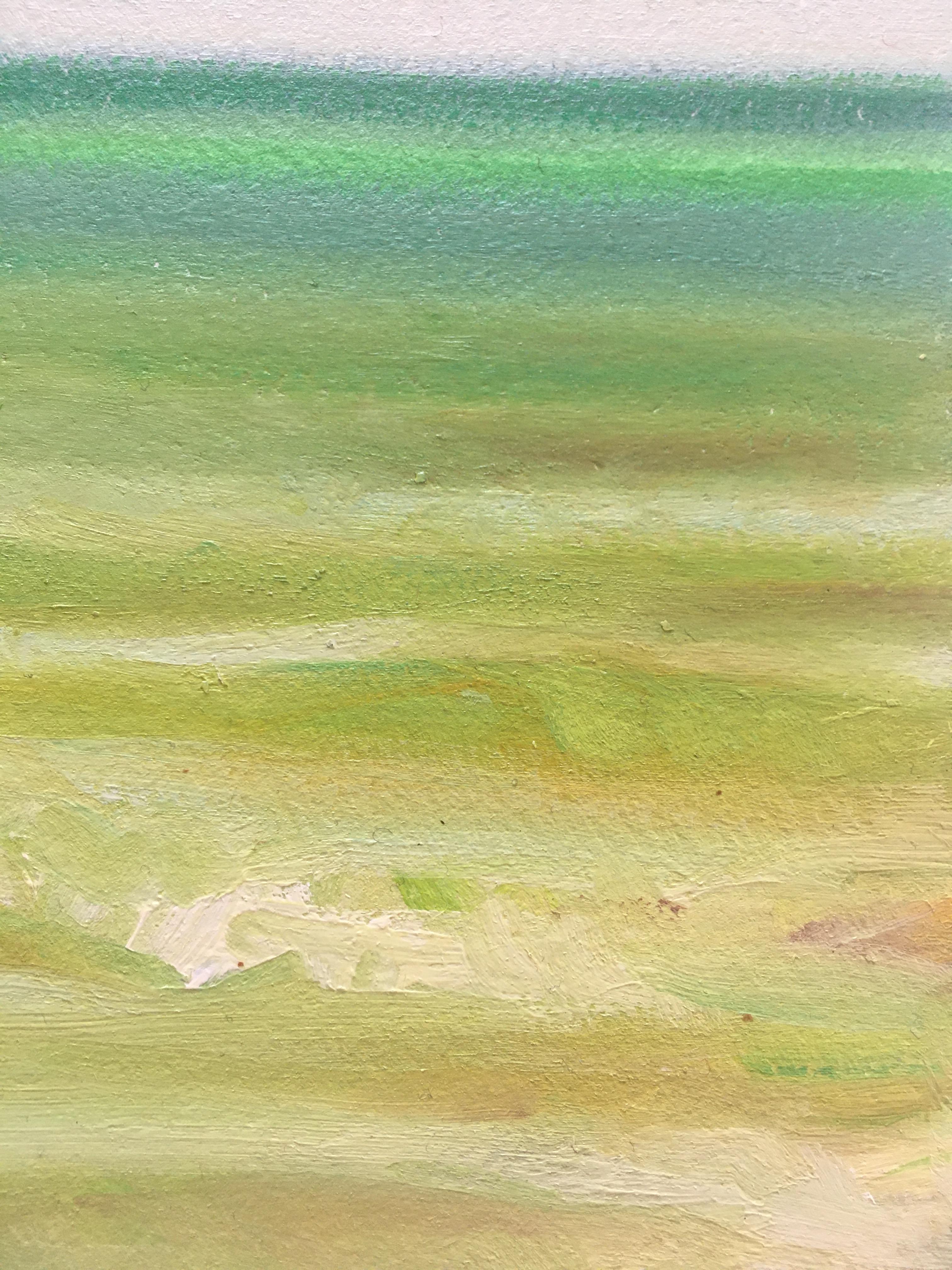 EMERALDO COAST - Peinture de Phthalo verte, jaune et bleue avec océan et ciel - Beige Landscape Painting par Amanda Joy Brown