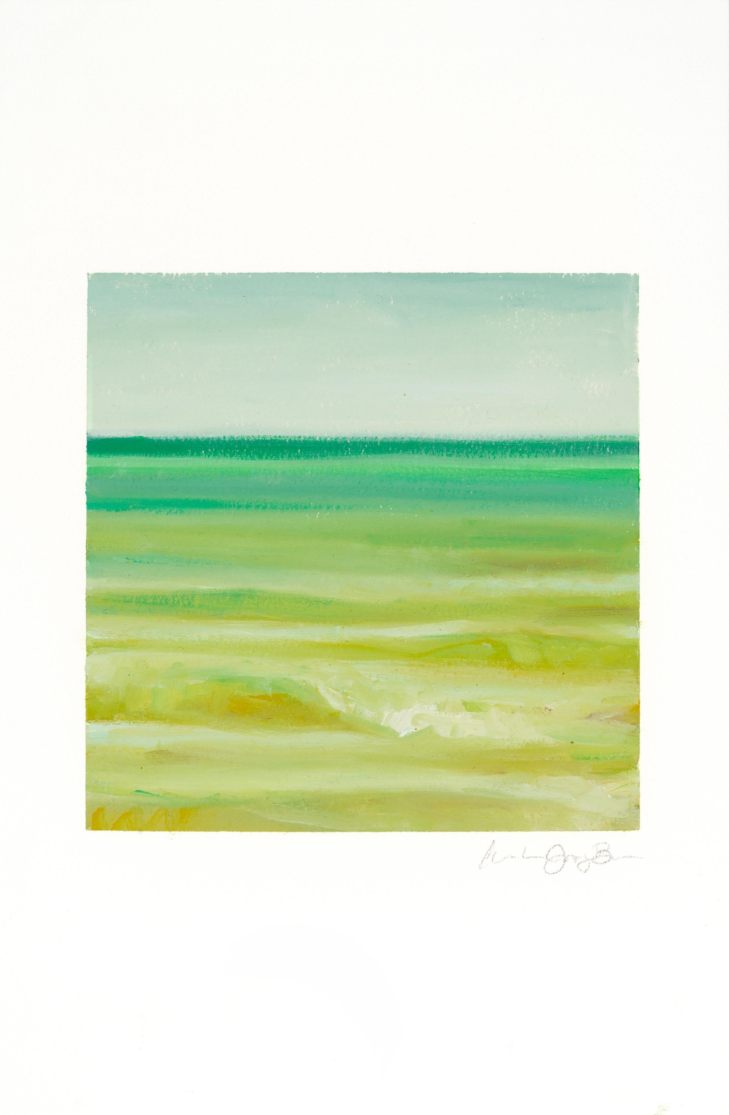 Landscape Painting Amanda Joy Brown - EMERALDO COAST - Peinture de Phthalo verte, jaune et bleue avec océan et ciel