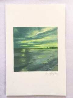GREEN DUSK - Phthalo Painting of Morning View Ocean w/ Clouds, Sea, & Trees