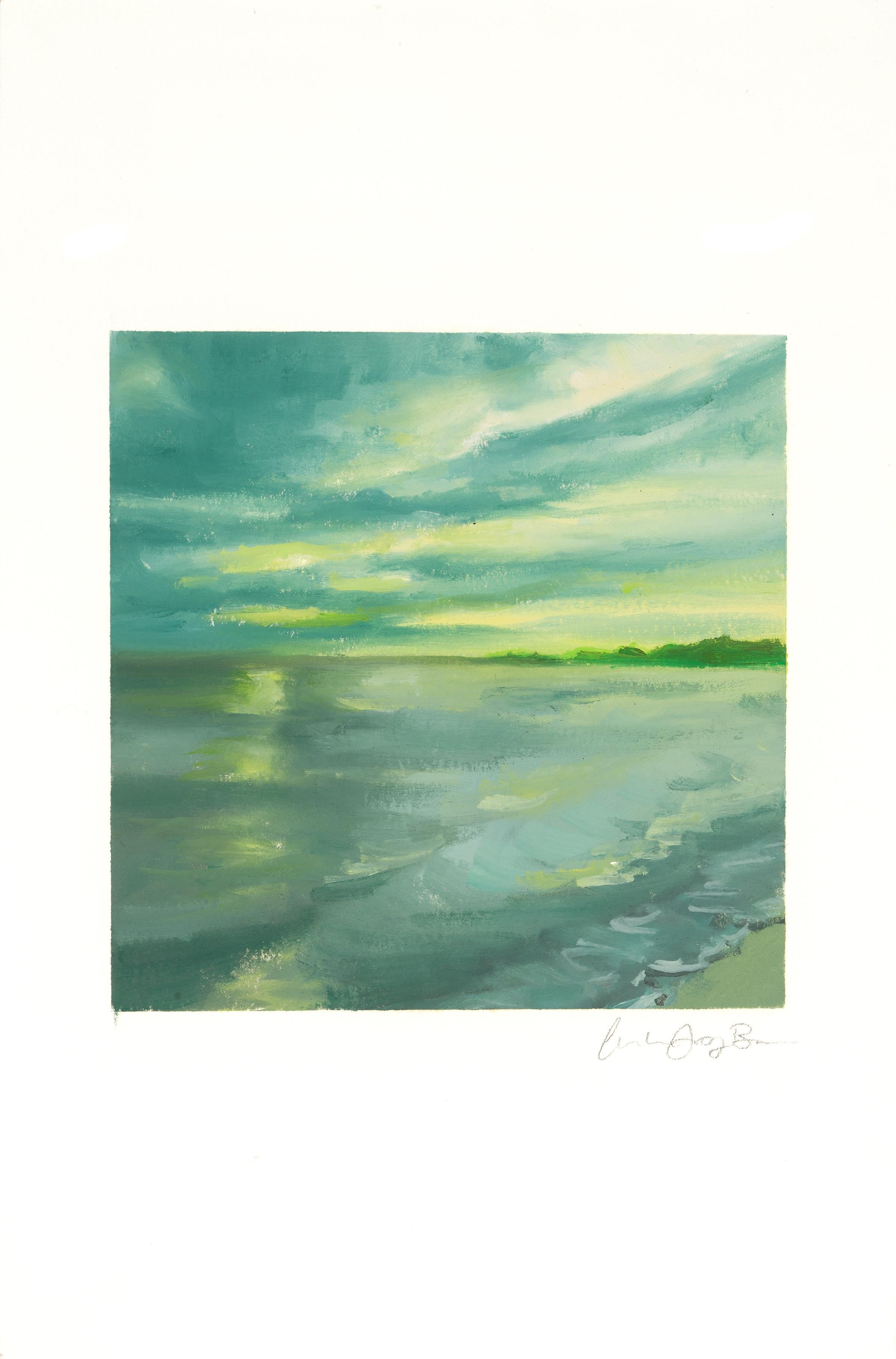 Landscape Painting Amanda Joy Brown - GREEN DUSK - Peinture de Phthalo d'une vue d'océan avec nuages, mer et arbres