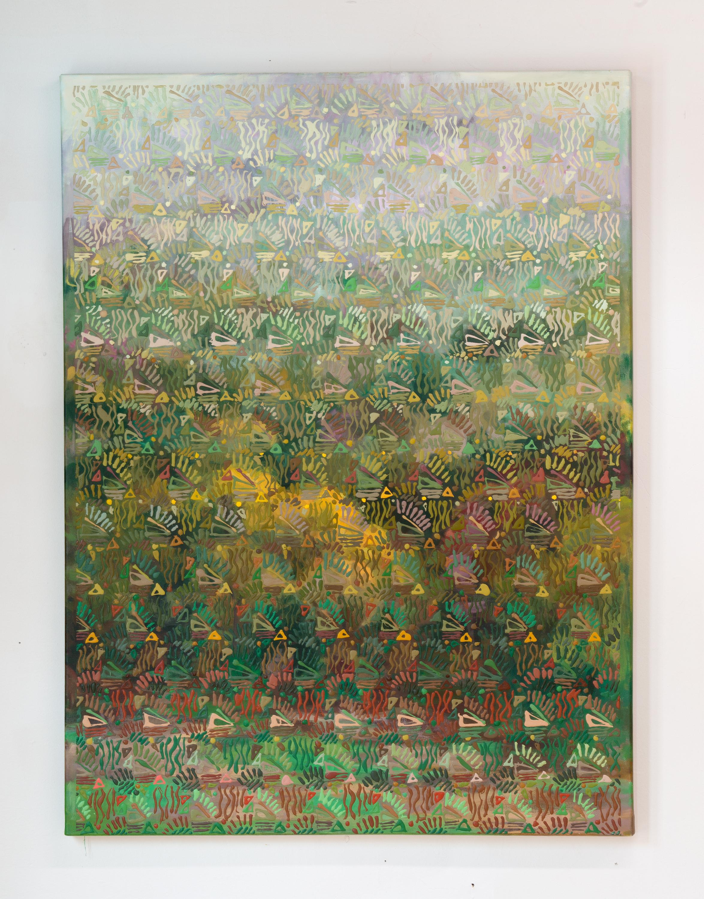In HWY 70, Amanda Joy Brown augments the tradition of landscape painting through her use of multicolored overlays. Drawing inspiration from a scene she sketched off of Hwy. 70 in Nashville, she illuminates nature’s beauty through her use of an