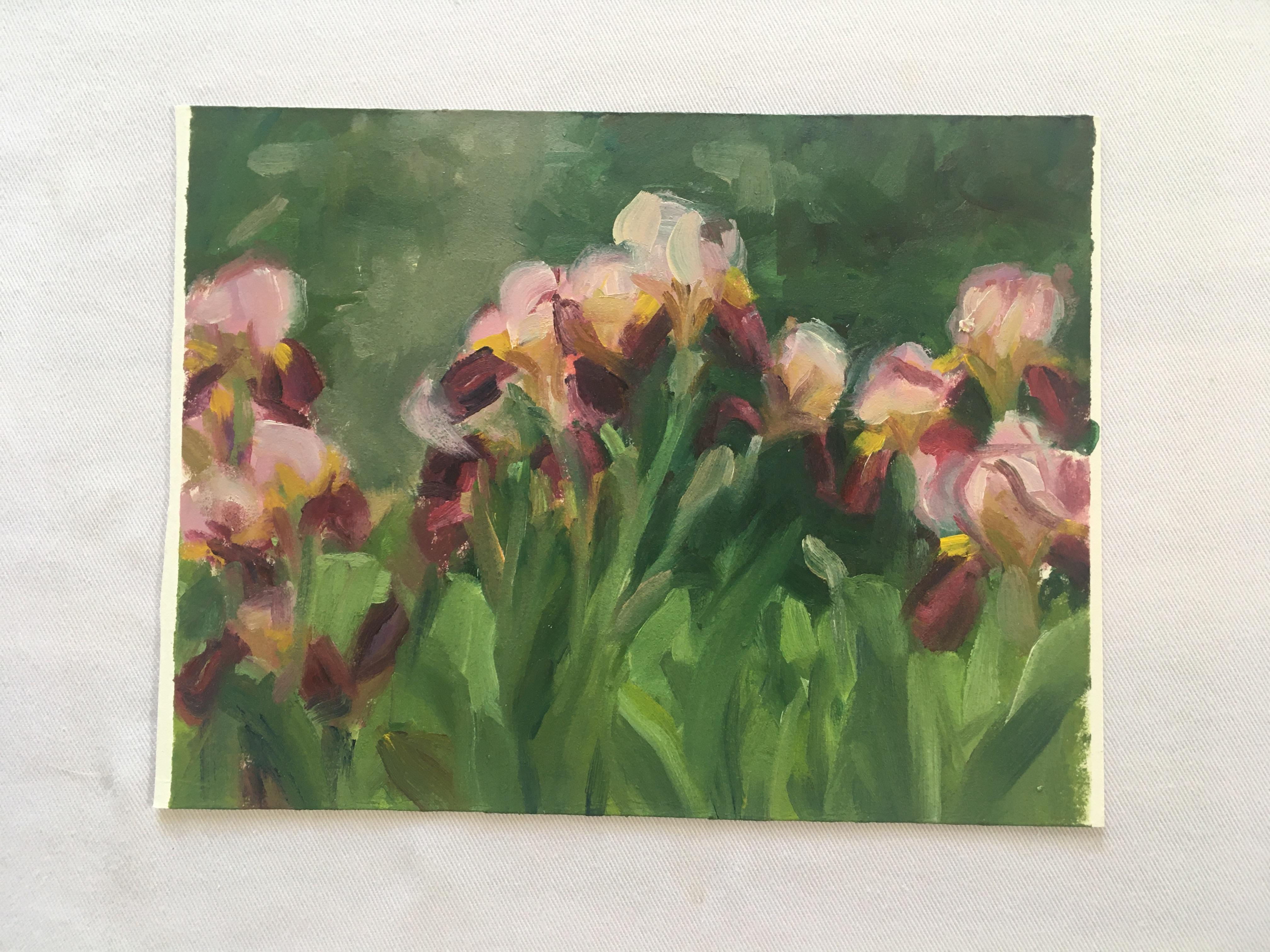 IRIS ROW - Stillleben-Gemälde von Blumen im Feld - Öl auf Bogen Ölpapier – Painting von Amanda Joy Brown