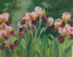 IRIS ROW - Still-life Painting of Flowers in Field - Oil on Arches Oil Paper