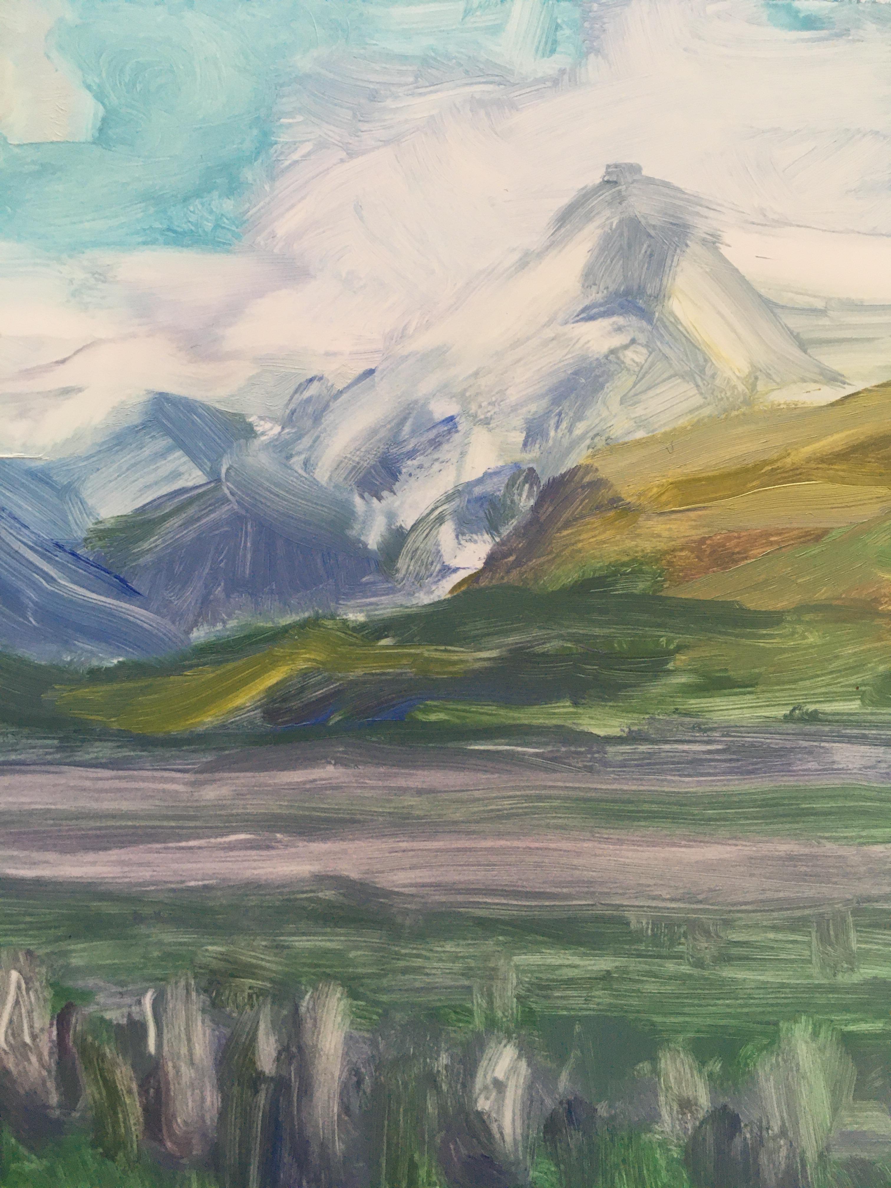 LUPIN - Peinture de paysage de montagne d'Islande, de lavande et de la prairie gazonnée - Gris Landscape Painting par Amanda Joy Brown