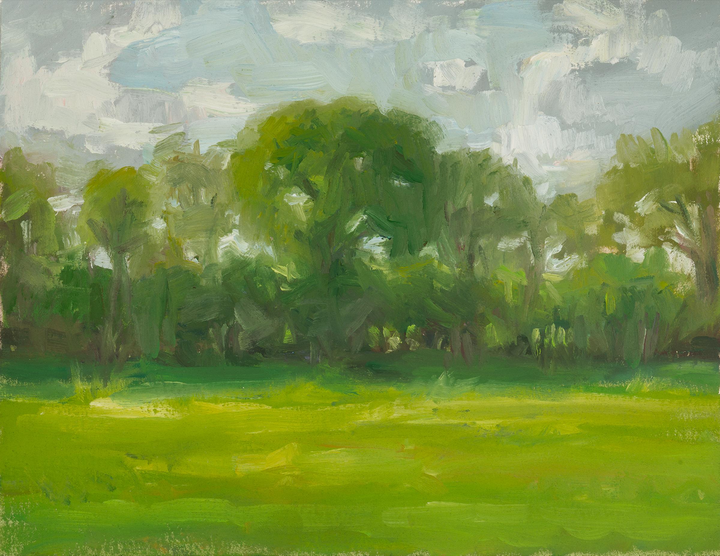 MEADOW'S EDGE - Peinture de paysage de terrain, d'arbres, de ciel et de nuages  Huile sur papier