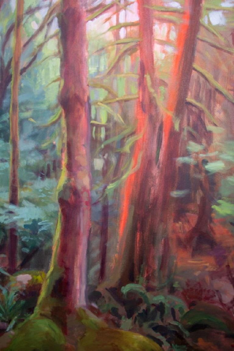 Amanda describes her work as a reaction to the “complex pattern, rhythm and color” in the world. In Mossy Trail the eye is immediately drawn to a bright red line of light highlighting a tree in the middle of the canvas, dividing the landscape into