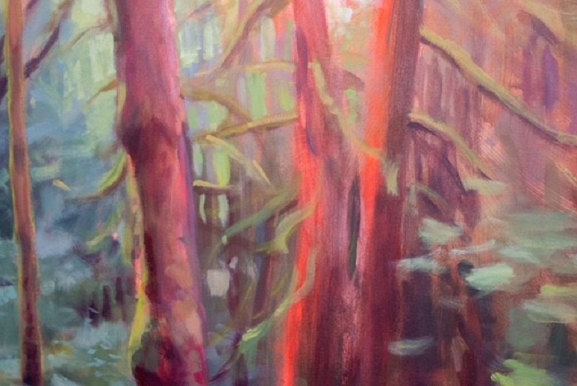 MOSSY TRAIL - Serene, Glowing, & Magical Landscape Painting of a Forest For Sale 1