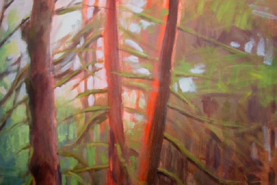 MOSSY TRAIL - Peinture de paysage sereine, lumineuse et magique d'une forêt en vente 1