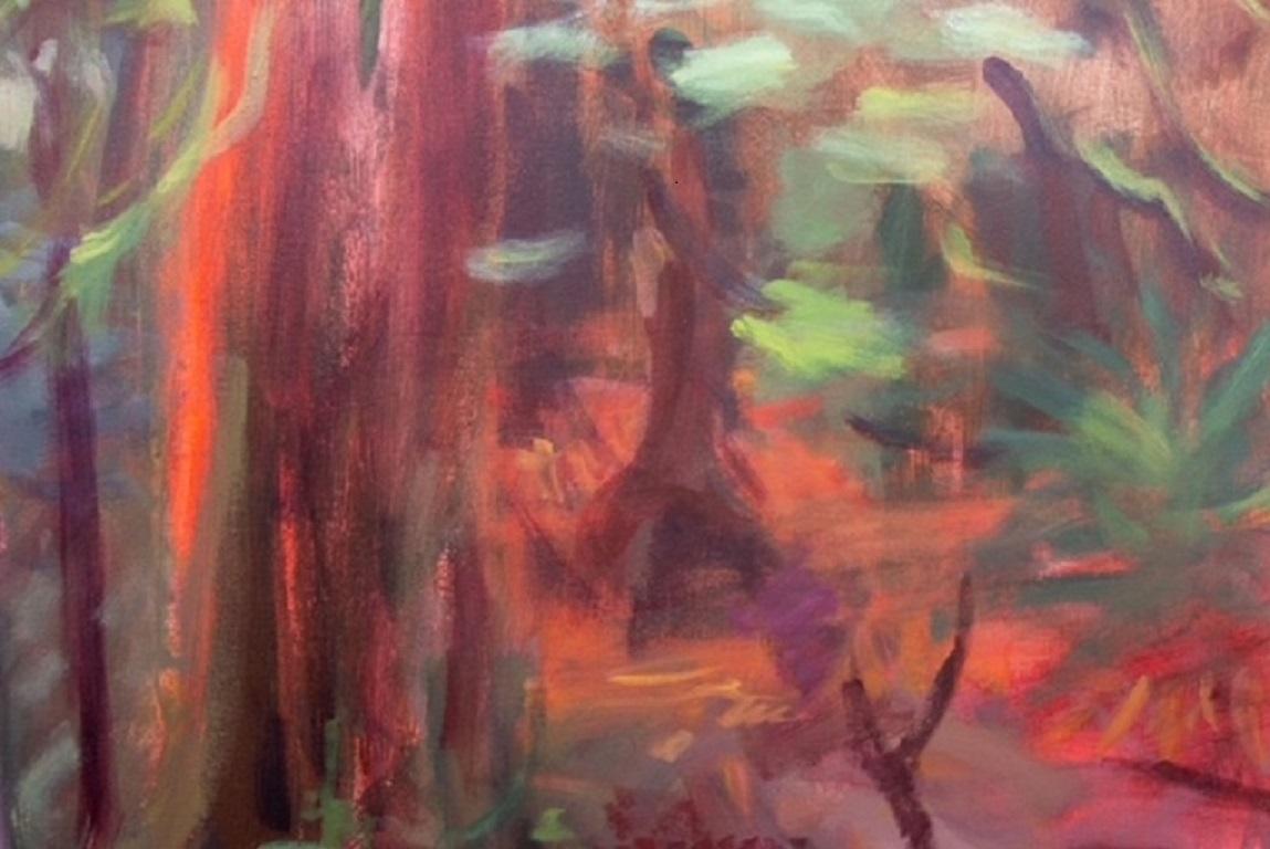 MOSSY TRAIL - Peinture de paysage sereine, lumineuse et magique d'une forêt en vente 2