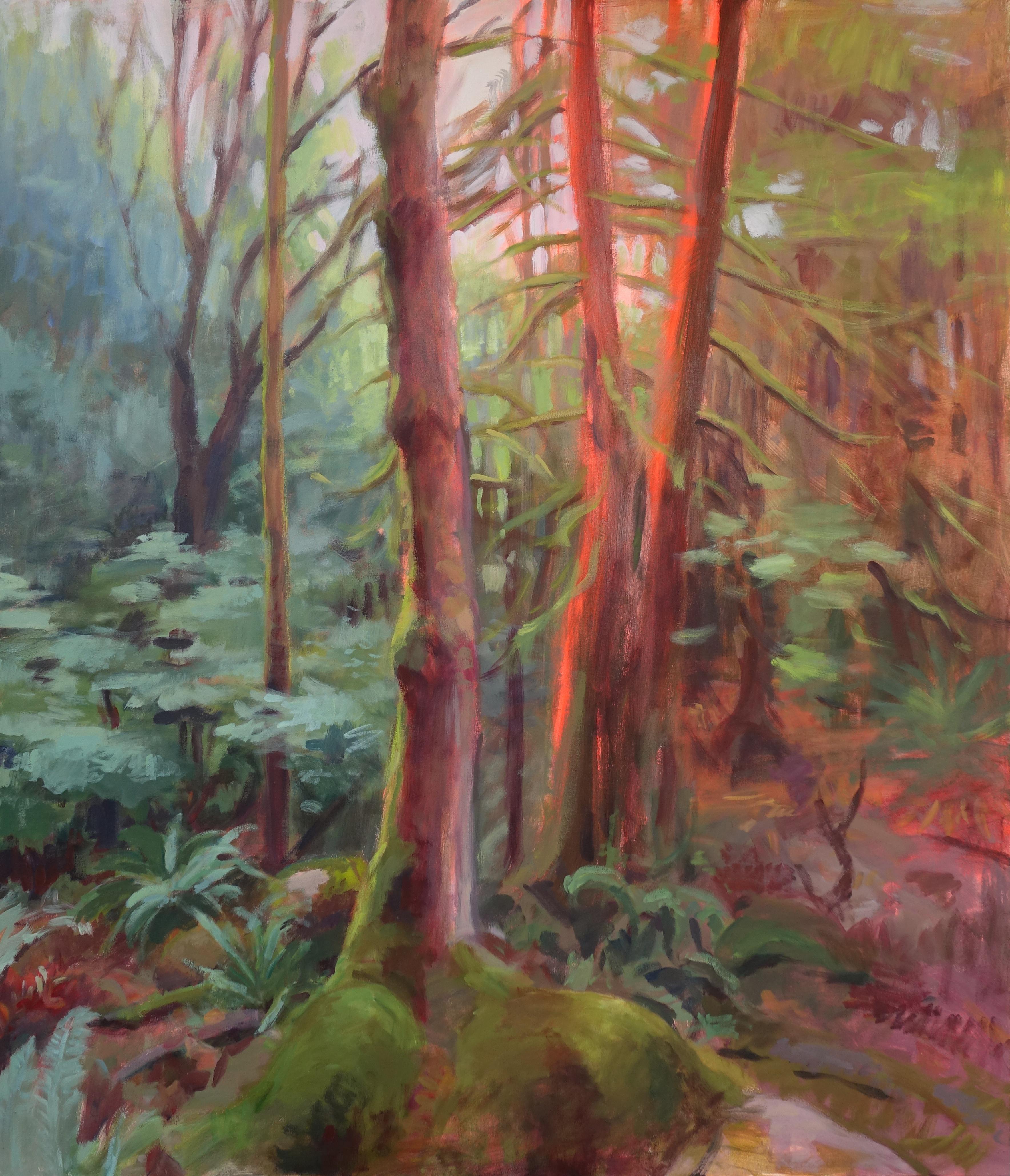 Amanda Joy Brown Landscape Painting – MOSSY TRAIL - heitere, leuchtende und magische Landschaftsmalerei eines Waldes