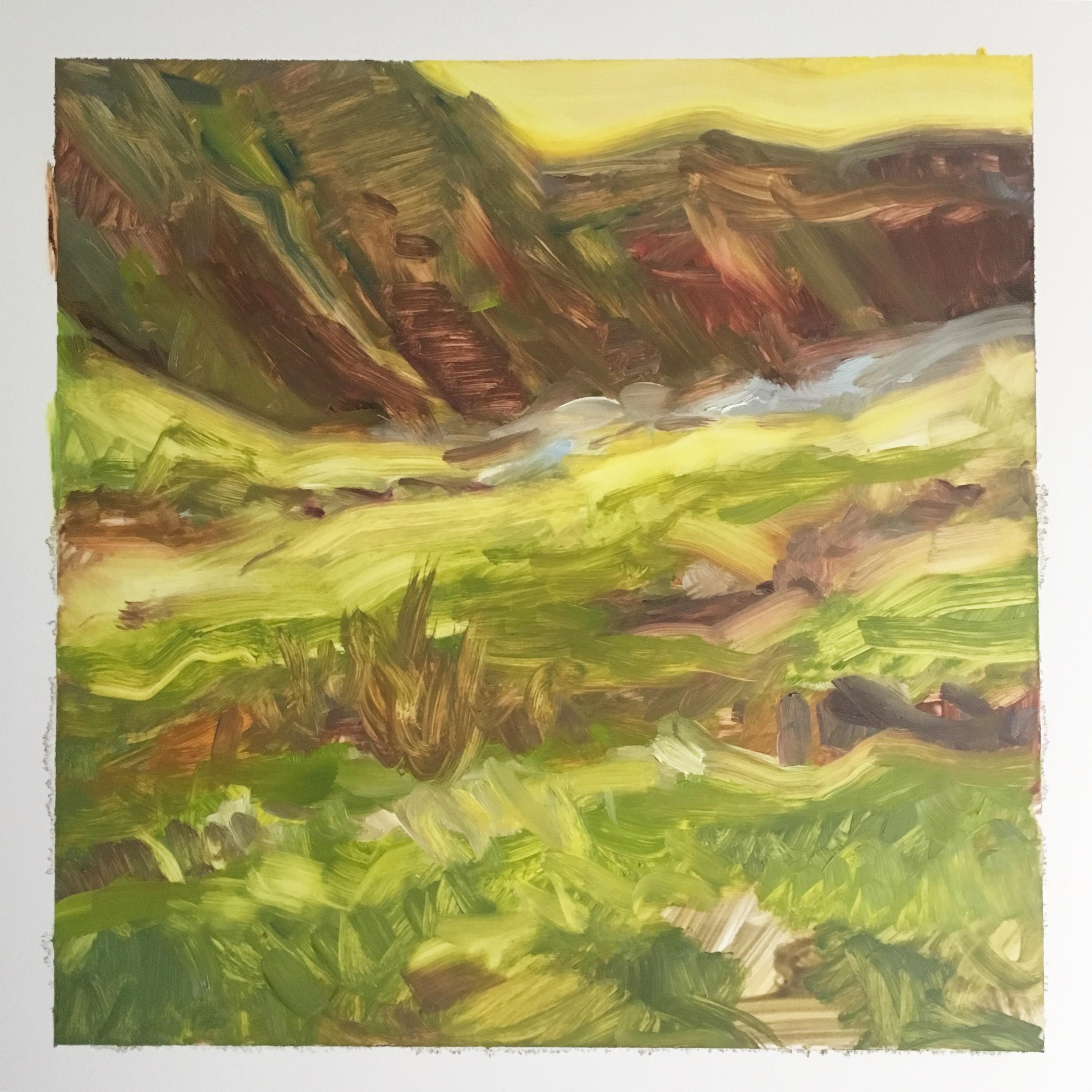 Peinture de paysage PASTURE - Meadow and Spring - tons chauds - Huile sur papier Yupo - Painting de Amanda Joy Brown