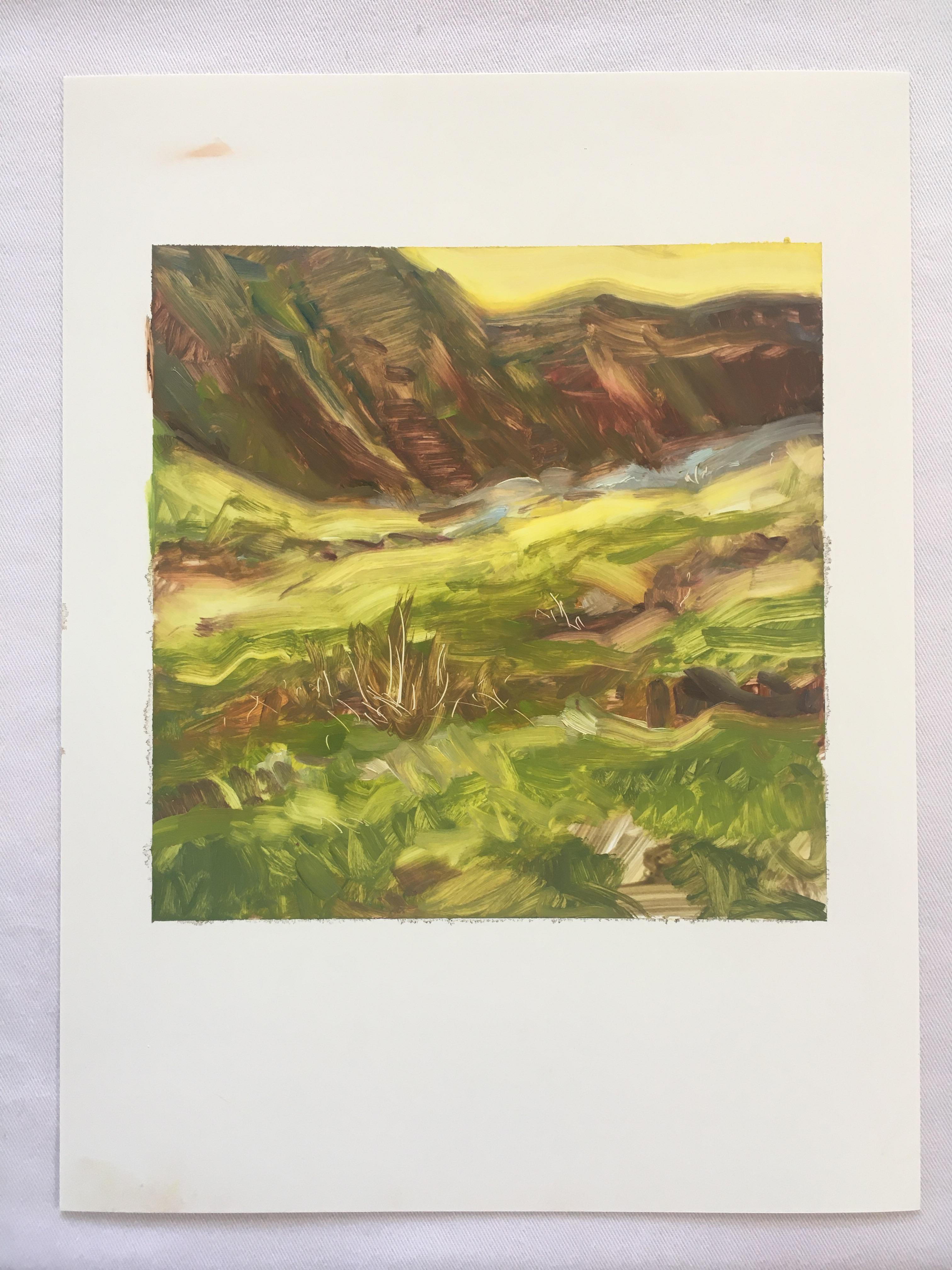 Peinture de paysage PASTURE - Meadow and Spring - tons chauds - Huile sur papier Yupo - Contemporain Painting par Amanda Joy Brown