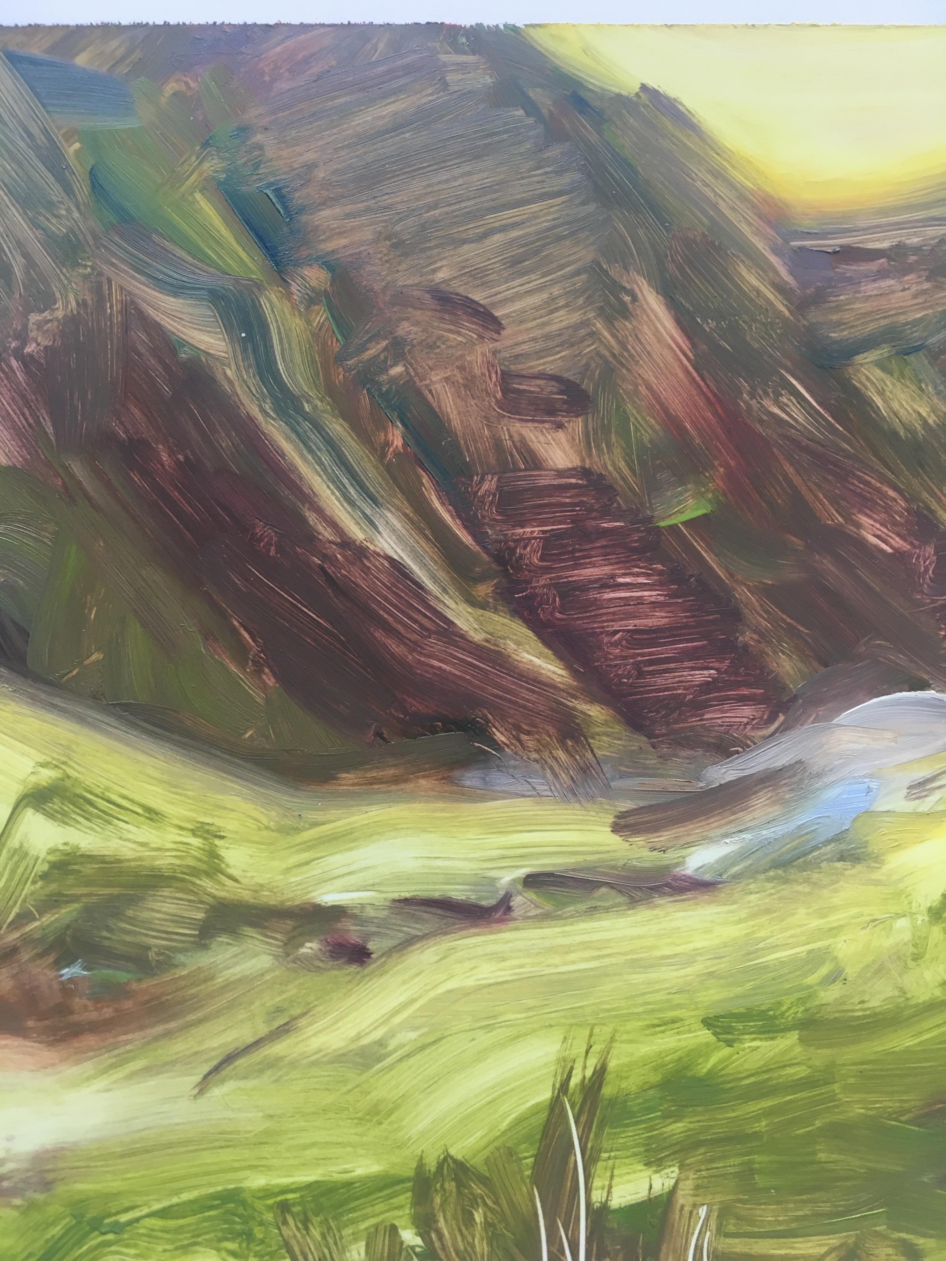 Peinture de paysage PASTURE - Meadow and Spring - tons chauds - Huile sur papier Yupo - Marron Landscape Painting par Amanda Joy Brown