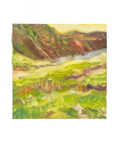 PASTURE Landscape Painting - Meadow and Spring - Warm Tones - Oil on Yupo Paper