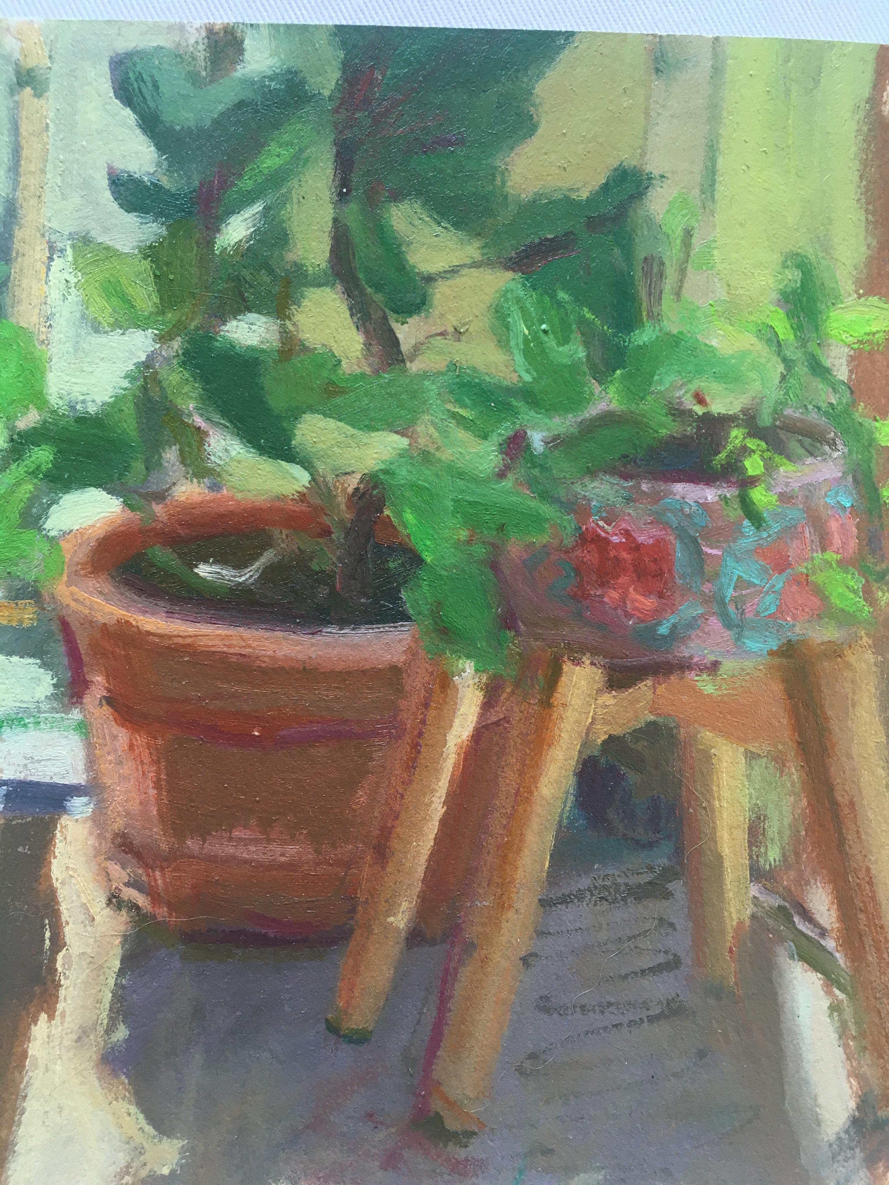 PORCH PLANTS - Still-life Painting w/ Backlit Sun  Oil on Arches Oil Paper - Brown Still-Life Painting by Amanda Joy Brown