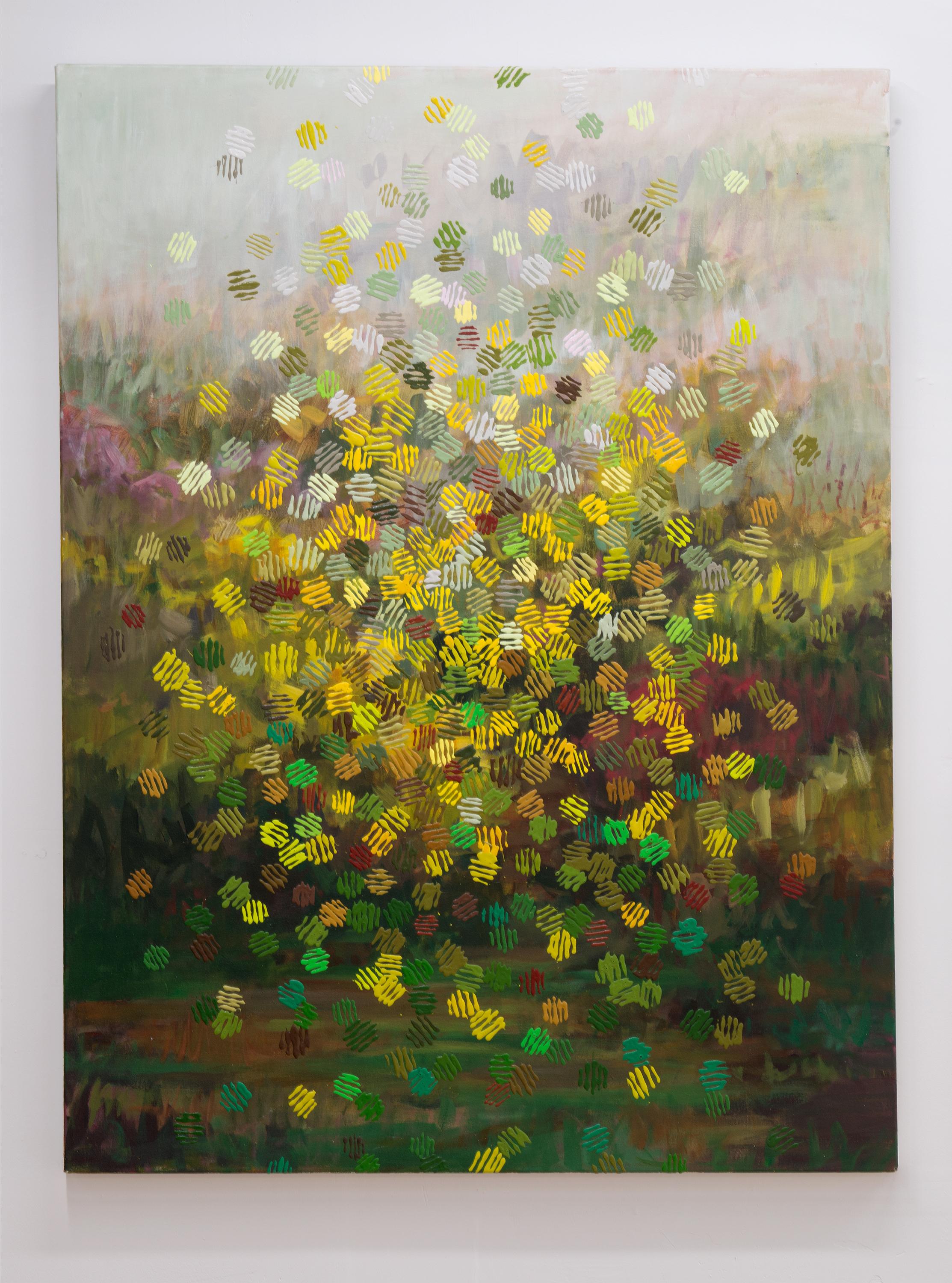 In RAIN BOKEH erweitert Amanda Joy Brown die Tradition der Landschaftsmalerei durch die Verwendung von mehrfarbigen Überlagerungen. Der Blick durch ein verregnetes Glasfenster auf ein Feld inspirierte sie zu einer nebligen Landschaft, die sie mit