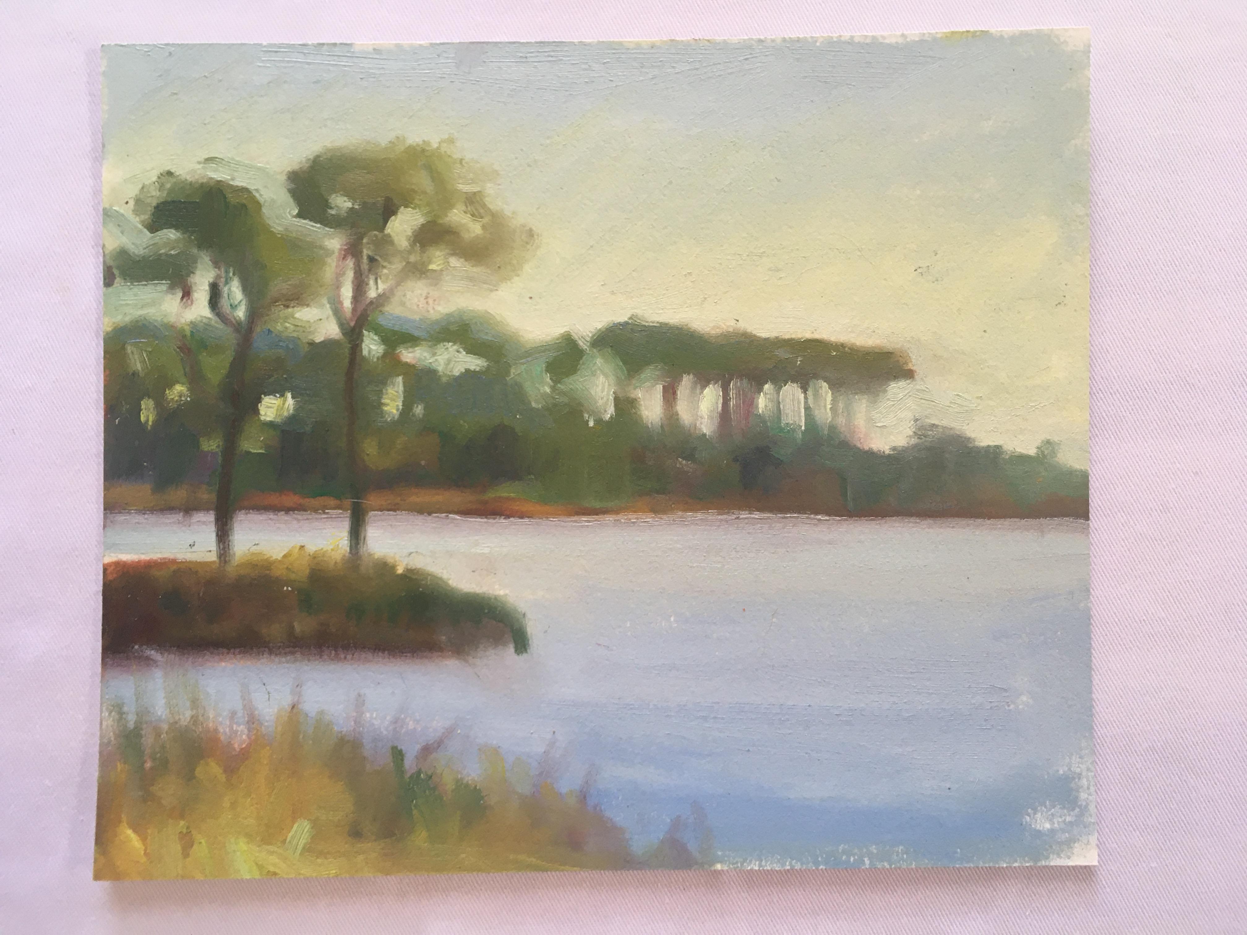 NOCHE EN LA COSTA DEL MAR - Paisaje de océano, árboles y cielo - Parte de una serie - Art de Amanda Joy Brown