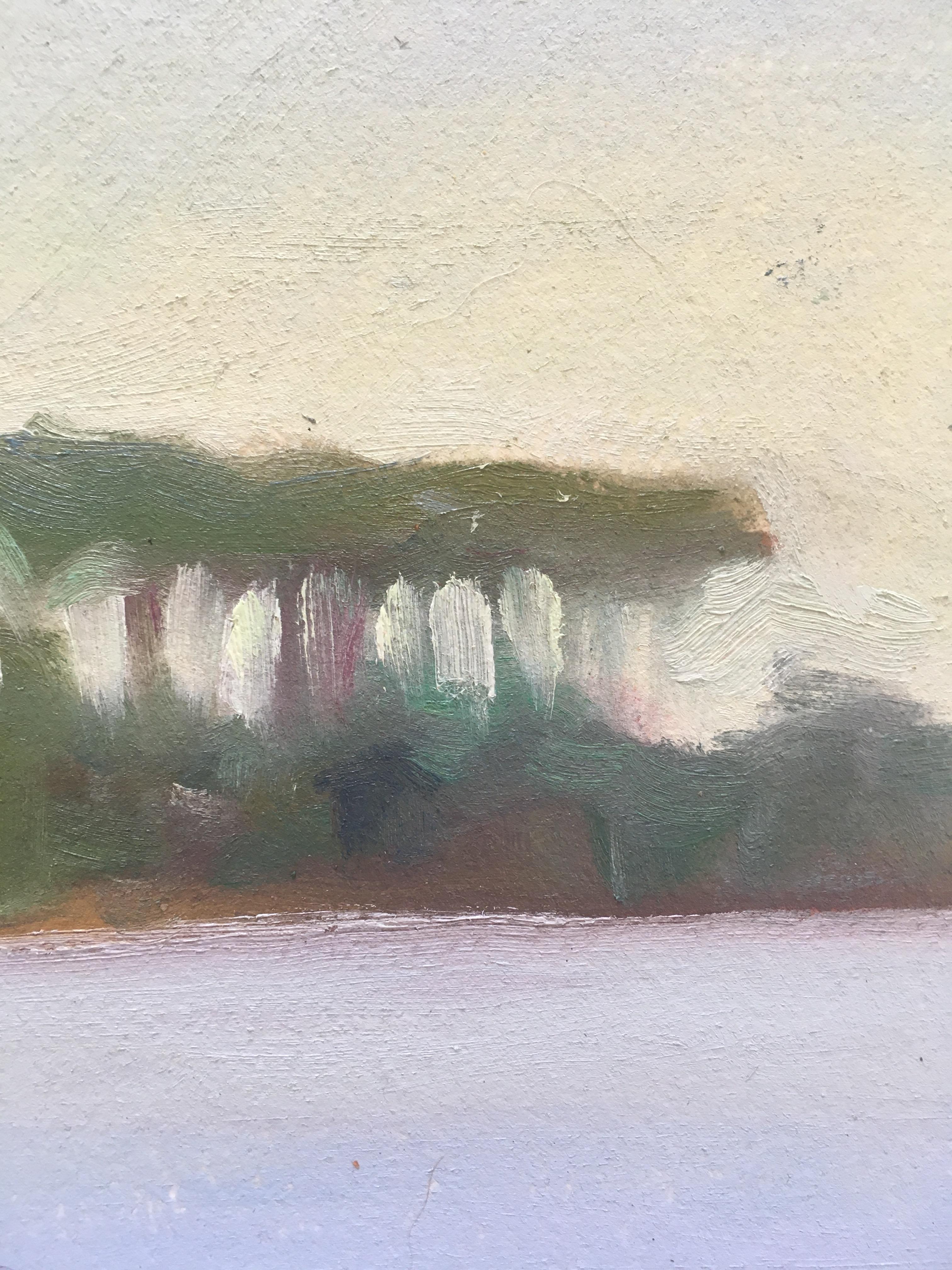 NOCHE EN LA COSTA DEL MAR - Paisaje de océano, árboles y cielo - Parte de una serie - Landscape Art Gris de Amanda Joy Brown