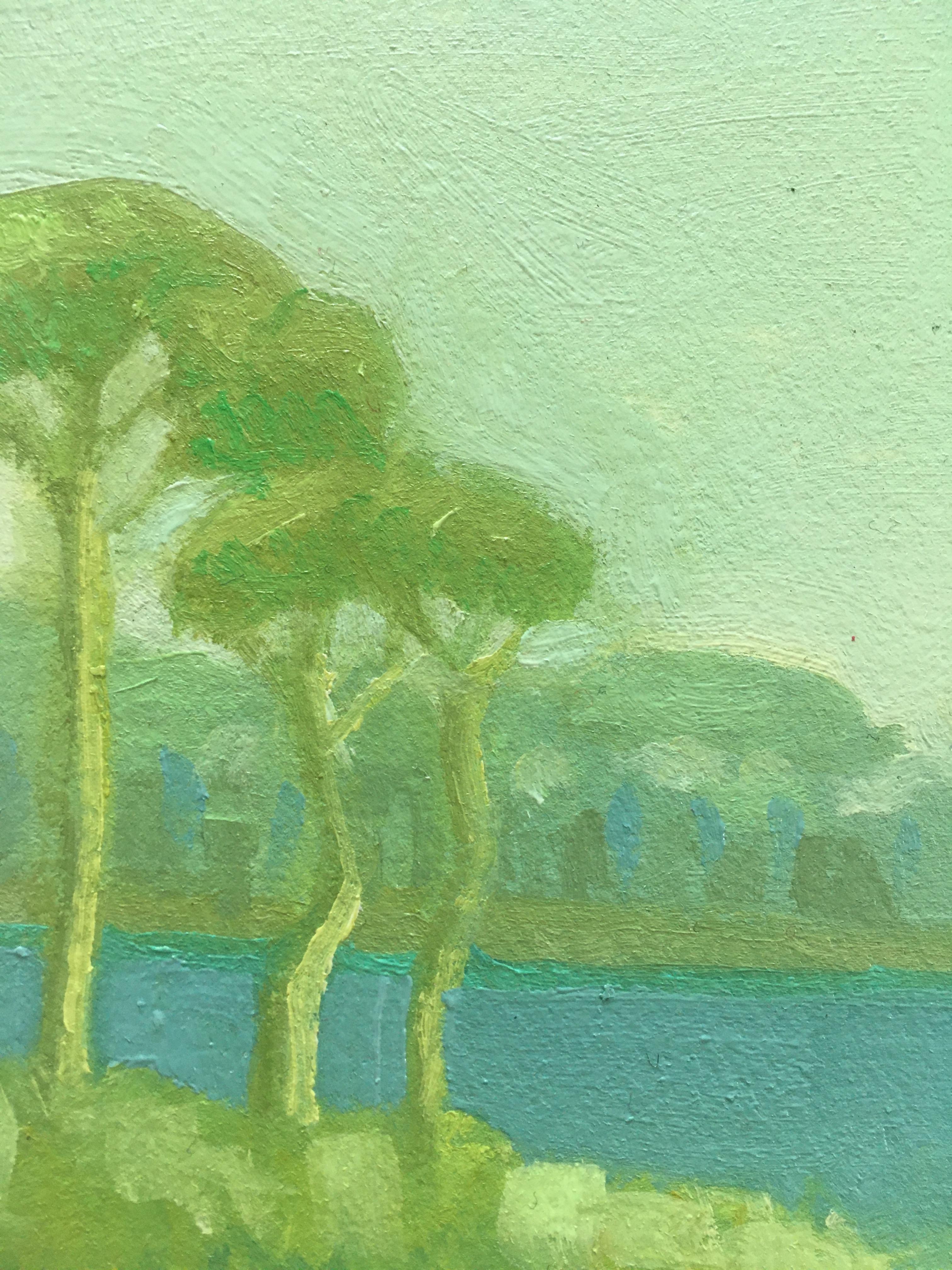 Seaside Landscape Painting  Phthalo Green w/ Trees & Ocean Bay  Oil on Arches 1