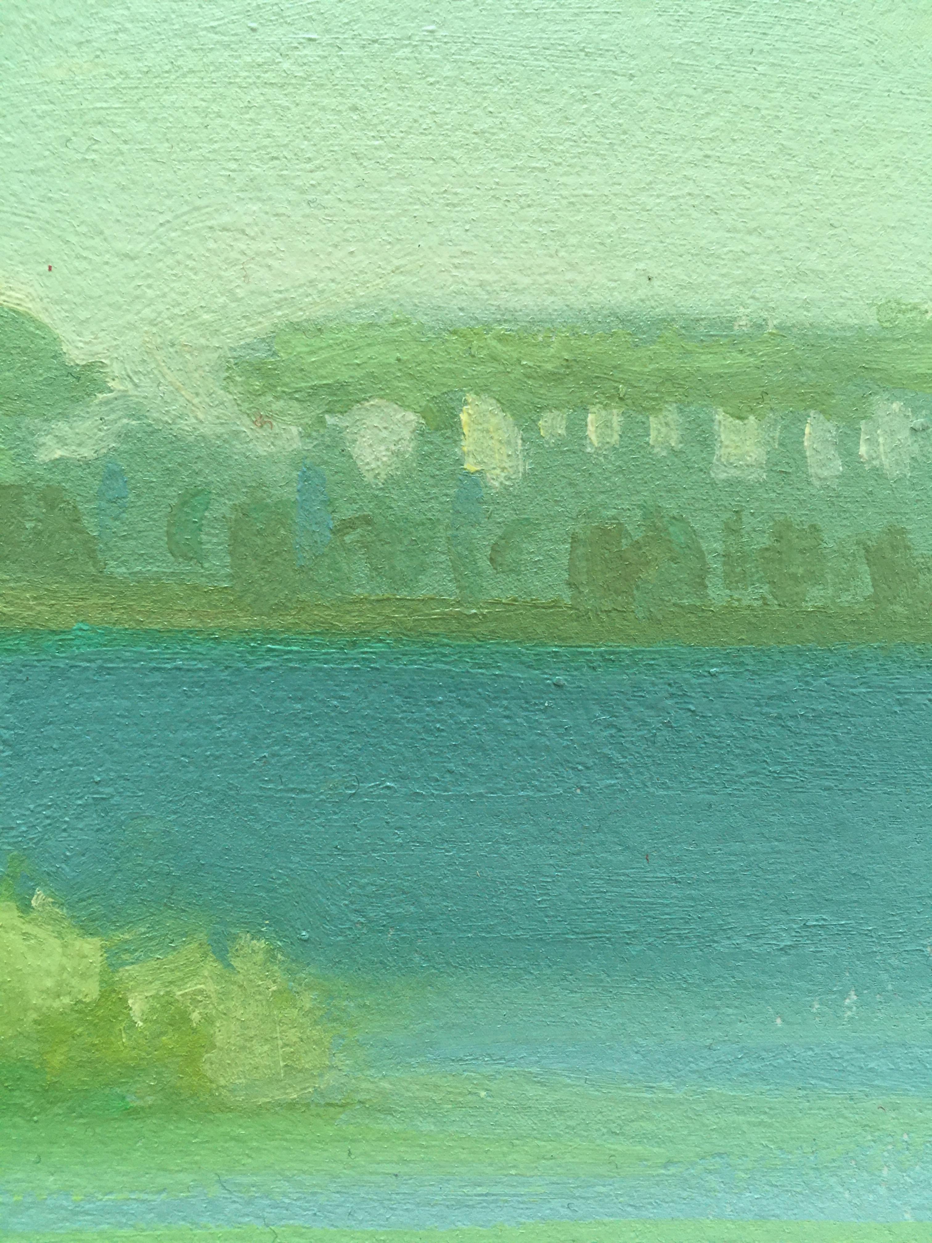 Seaside Landscape Painting  Phthalo Green w/ Trees & Ocean Bay  Oil on Arches 2