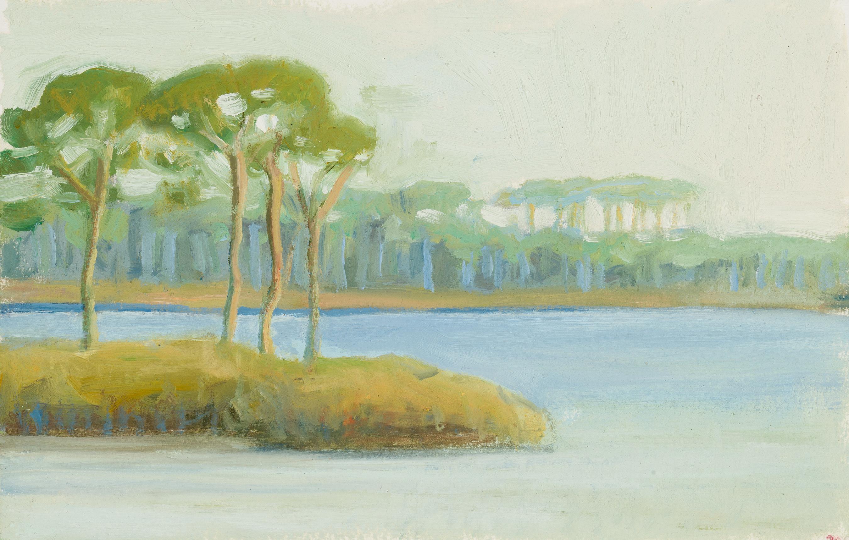 SEASIDE MIDDAY -Landscape Painting of Ocean Bay, Trees, & Sky - Oil on Arches