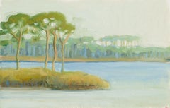 SEASIDE MIDDAY -Landscape Painting of Ocean Bay, Trees, & Sky - Oil on Arches