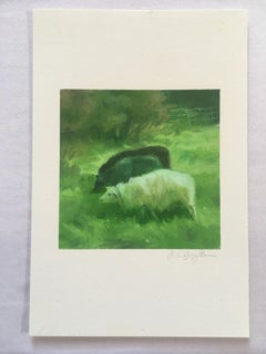 SHEEP IN MEADOW - Phthalo Green Landscape Painting w/ Animals in Grassy Field