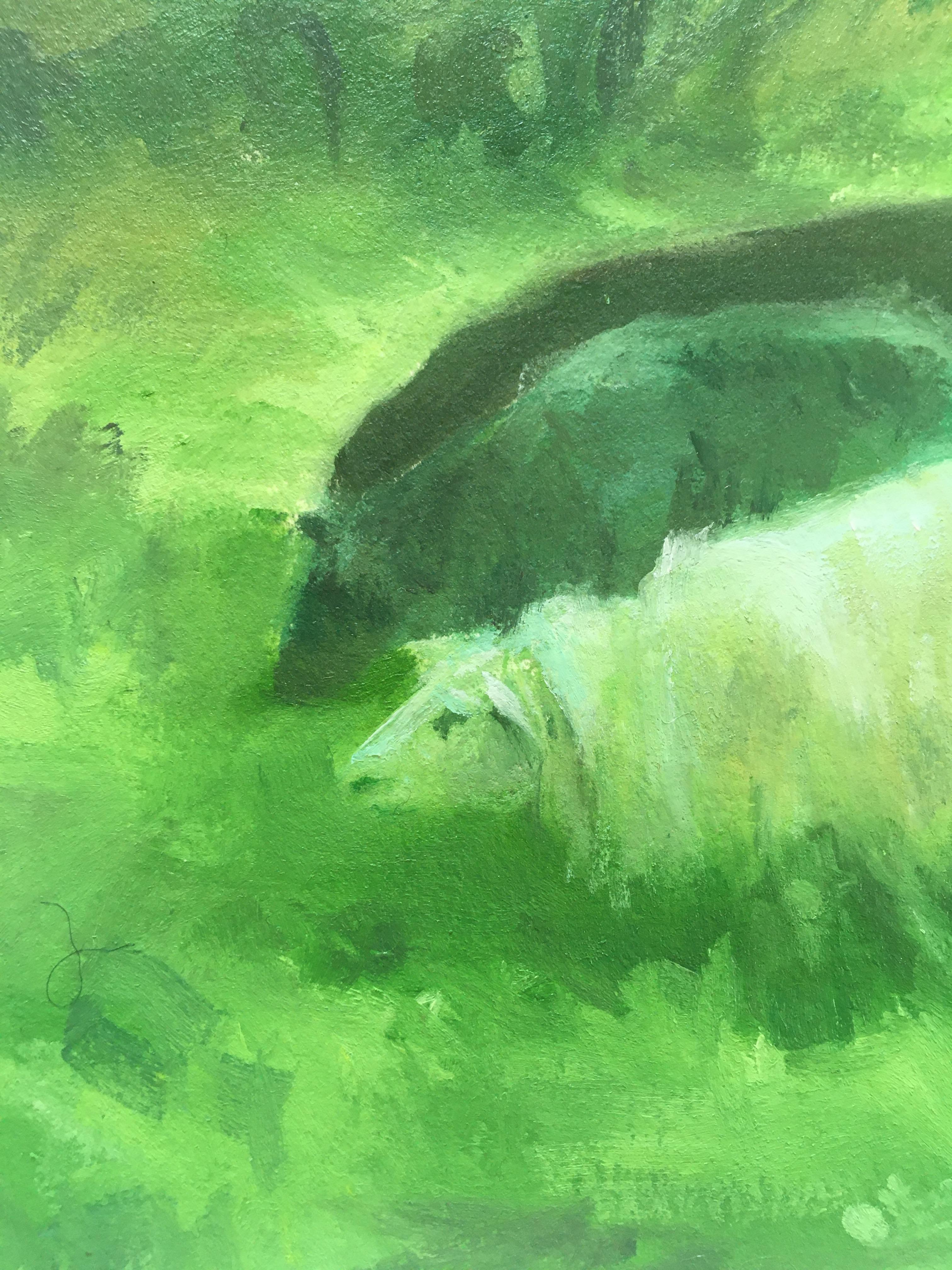 HÉEP IN MEADOW - Peinture de paysage vert phthalo avec animaux dans un terrain gazonné - Contemporain Painting par Amanda Joy Brown