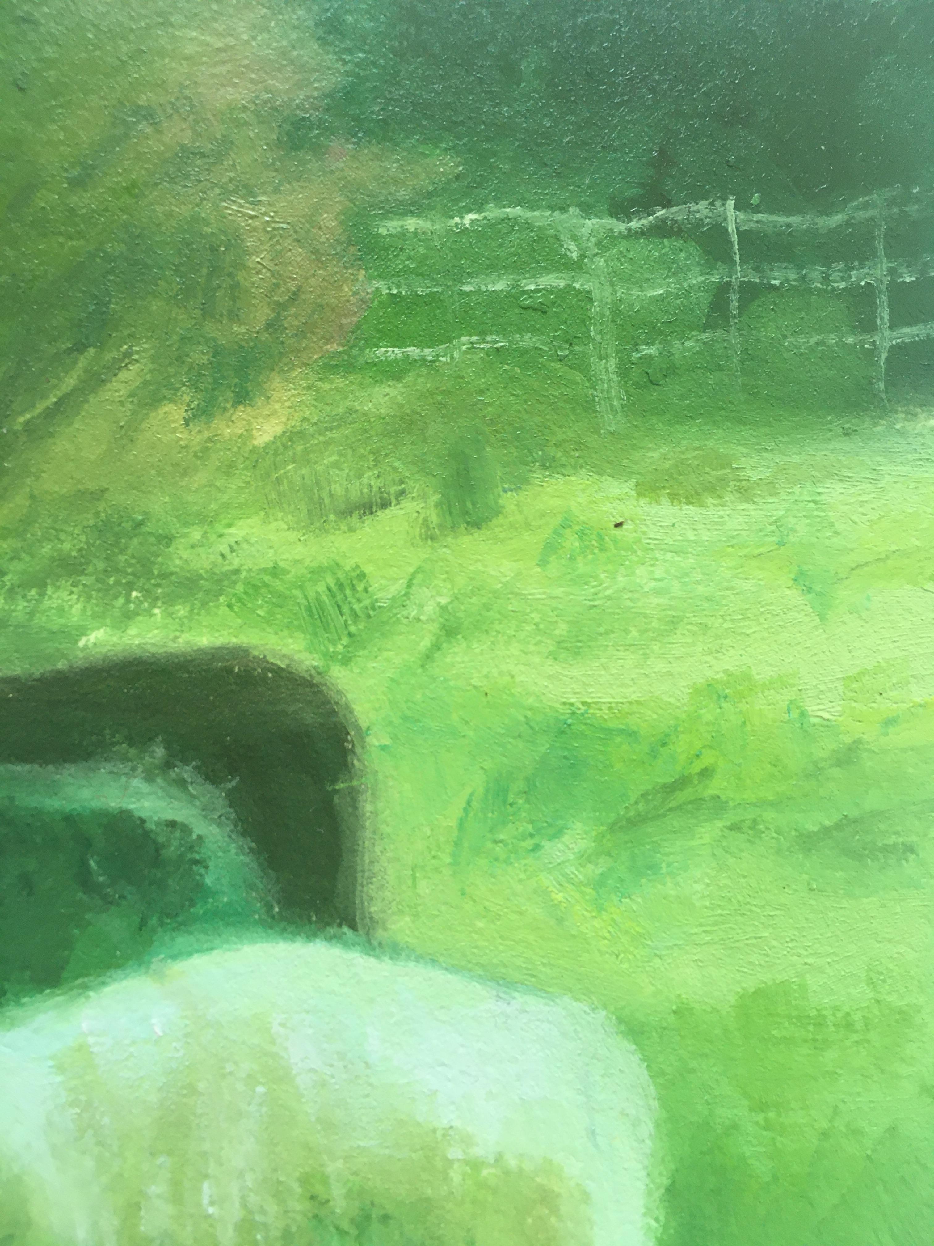 HÉEP IN MEADOW - Peinture de paysage vert phthalo avec animaux dans un terrain gazonné - Vert Landscape Painting par Amanda Joy Brown