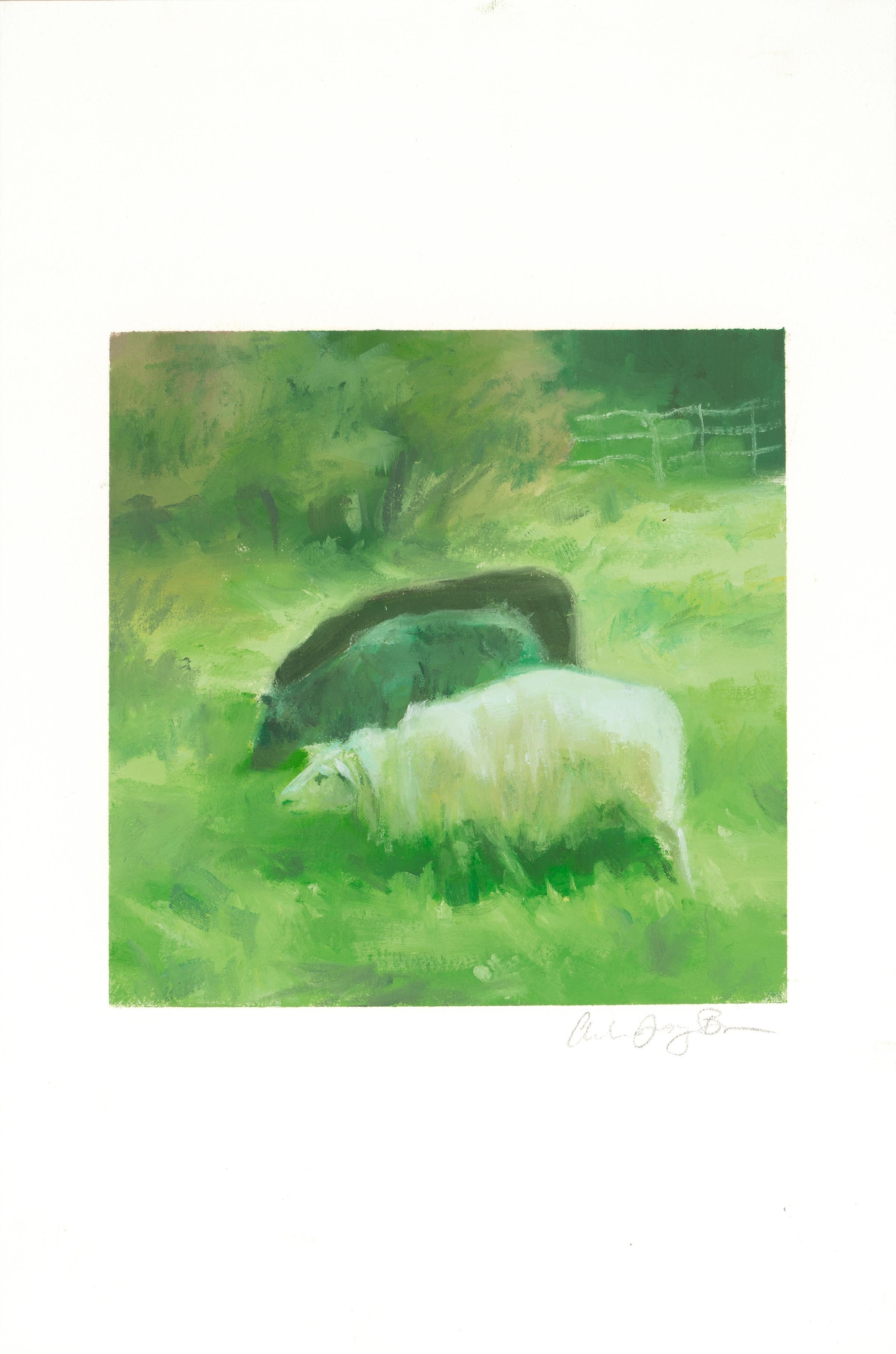 Sheep in Meadow | Phthalo Green Landscape Painting w/ Animals in Grassy Field