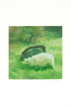 SHEEP IN MEADOW - Phthalo Green Landscape Painting w/ Animals in Grassy Field