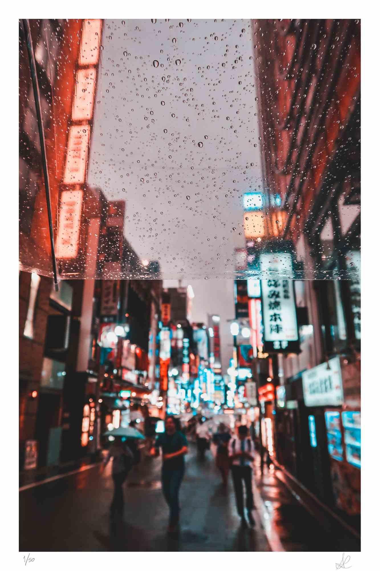 Tokyo is a photograph taken by Amanda Ludovisi in 2019.

It represents a street in a rainy evening in the center of Tokyo. This is a giclée print on Canson Baryta Matt paper. Limited edition of 50 copies.

Monogrammed on the lower right and numbered