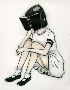 "1984 - Orwell", Figurative Painting, Stencil, Book, Reading, Beige, Black