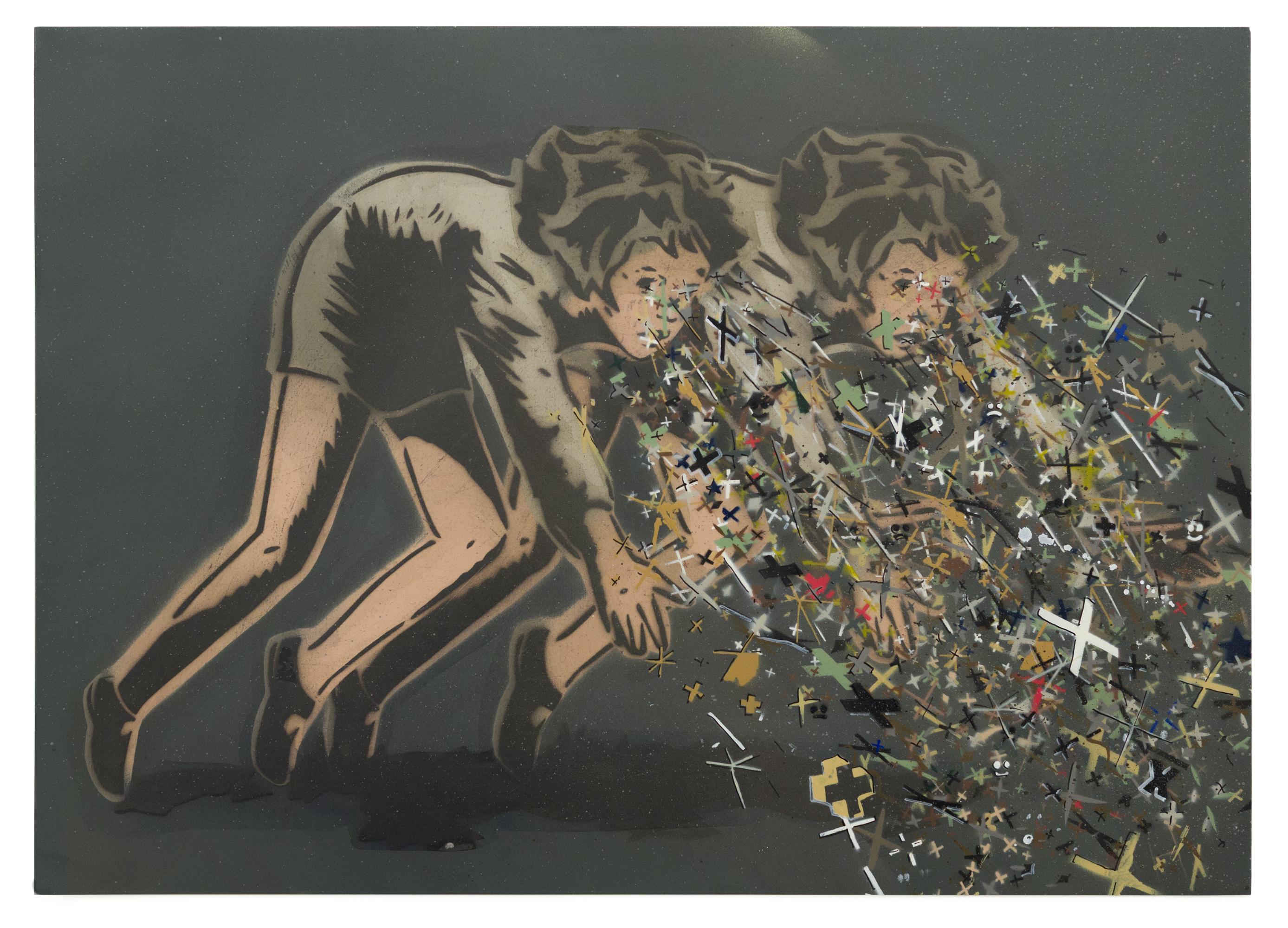"Could Be Good", Hand cut stencil, vintage imagery acrylic and aerosol by Mando