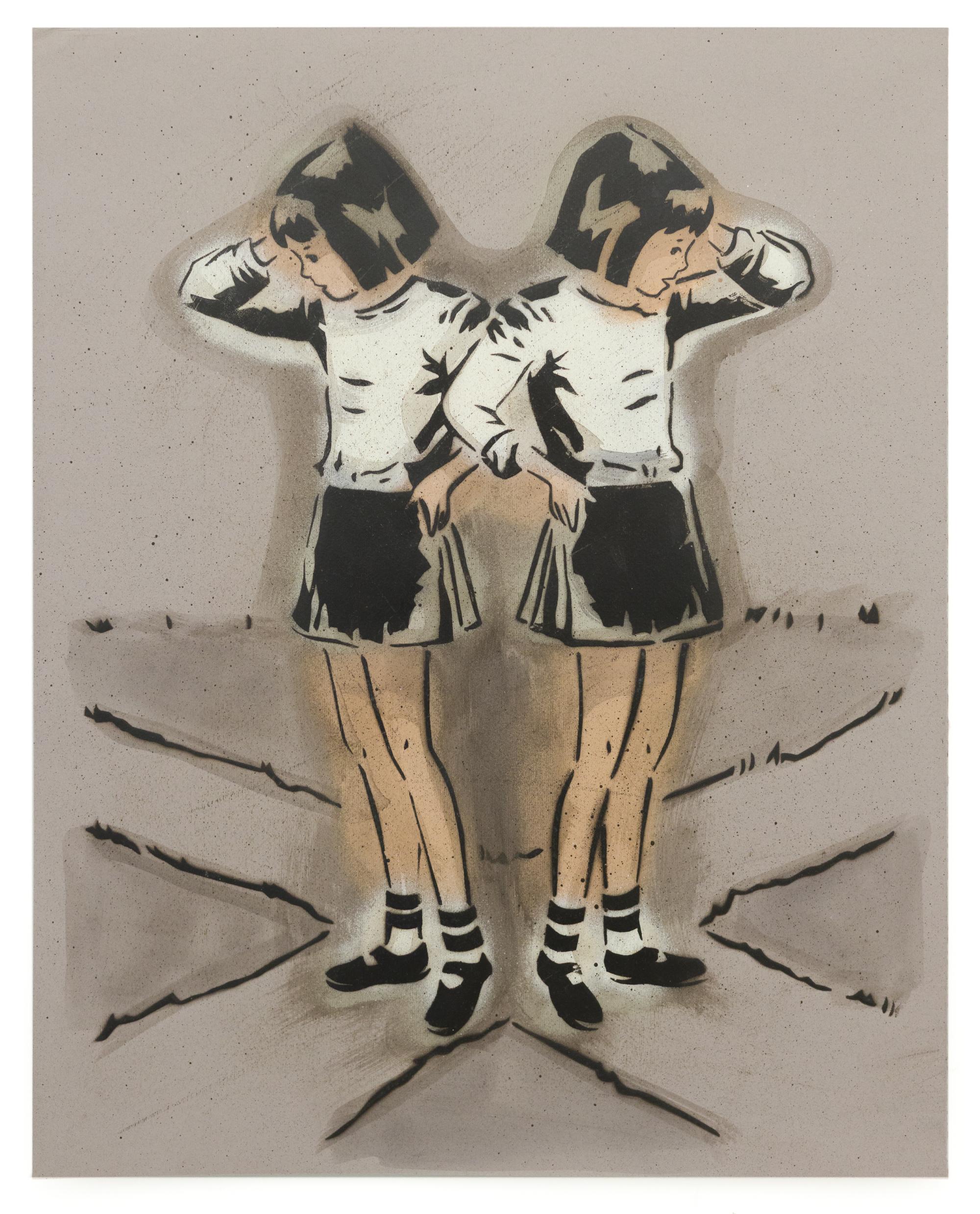 Mando Marie (seeyouthroughit) Figurative Painting - "Crossing Paths", girls at a crossroad, hand-cut stencils and spray paint