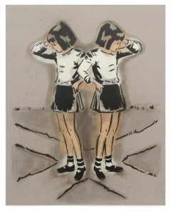 "Crossing Paths", girls at a crossroad, hand-cut stencils and spray paint