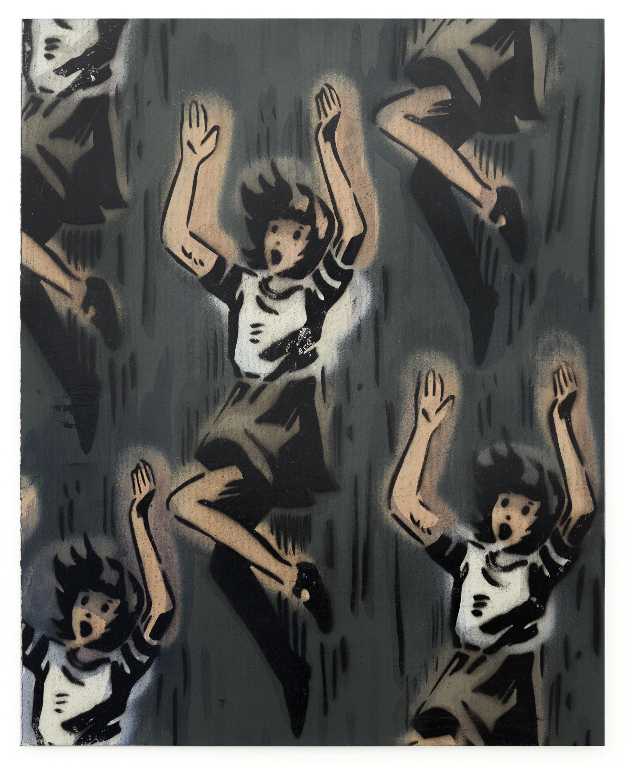 "Down Girls", girls falling, hand-cut stencil and spray paint by Mando